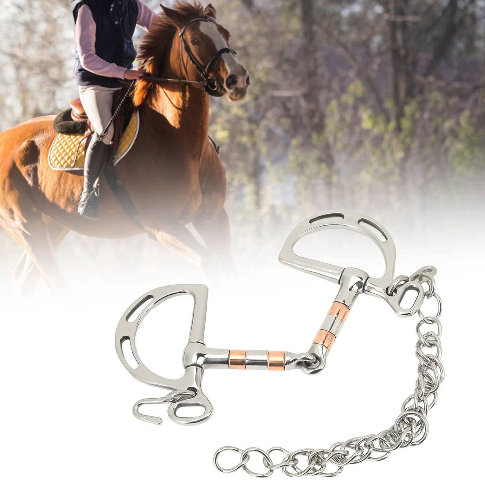 Filetto ad Anello a D per Cavallo, Morso per Cavallo in Acciaio Inossidabile con Catena in Rame, Filetto a Bocca di Cavallo da 125 mm, Design Resistente e Confortevole per Un