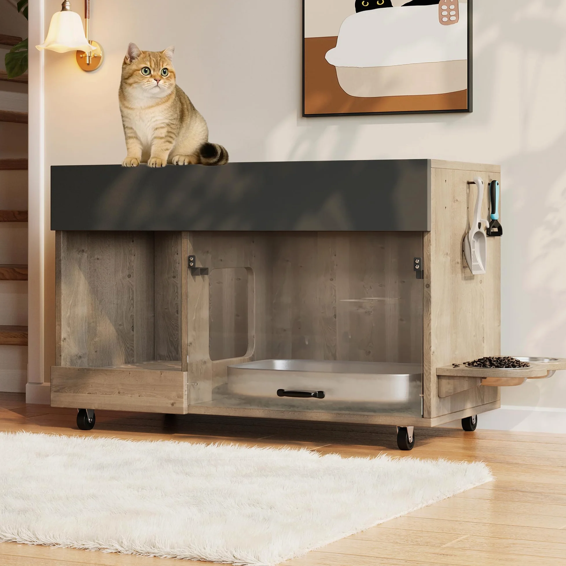 REXO Lettiera mobile per gatti con piatto per cibo per gatti, vassoio di raccolta della sabbia, piastra forata con gancio, senza lettiera per gatti, 100 × 45,5 × 67 cm, grigio antico e marrone, colore