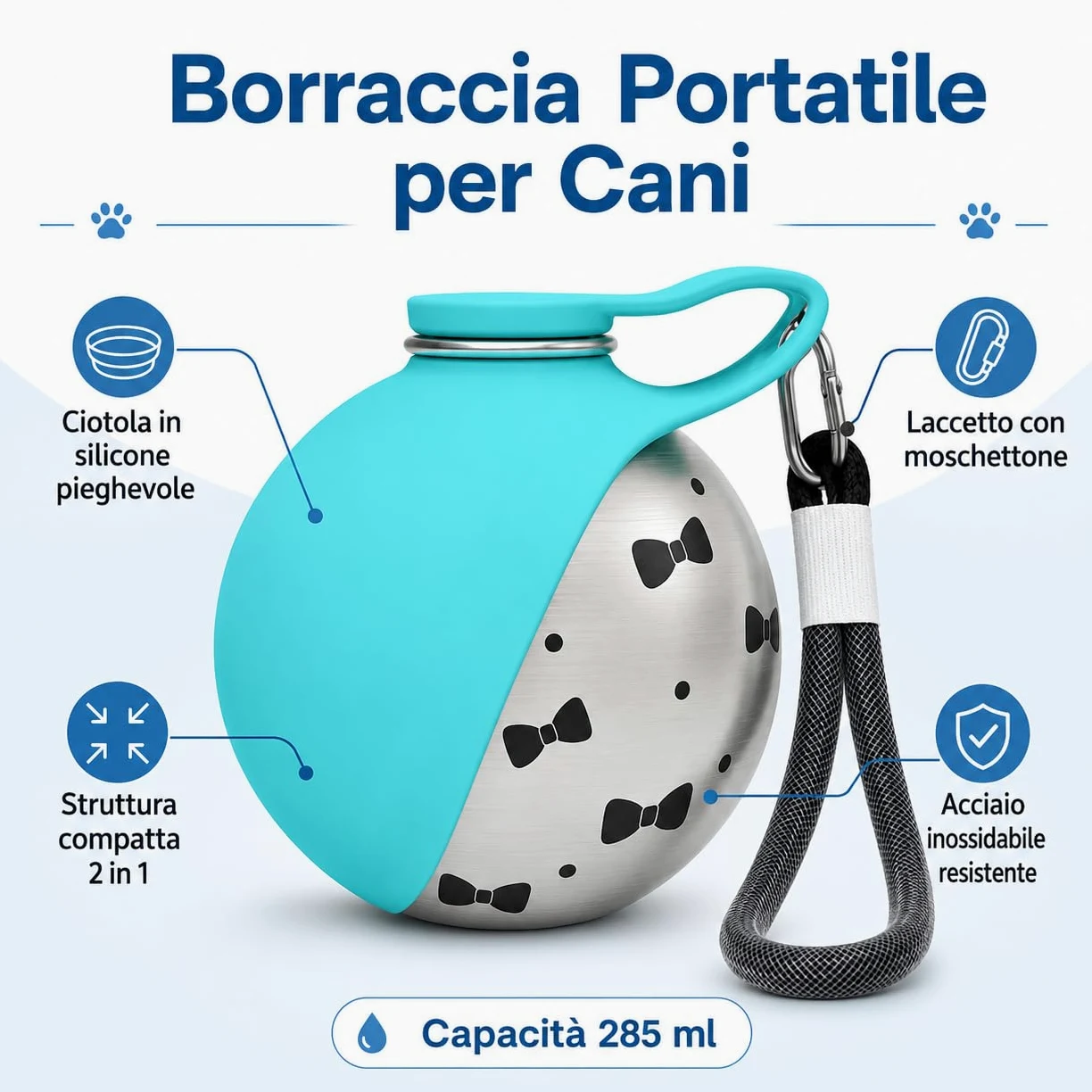 Borraccia per Cani Portatile e Compatta - Bottiglia in Acciaio per Cani in Acciaio Inox da 285ml con Ciotola Pieghevole in Silicone Anti-Goccia (Rosa A+Blu A 285ml)