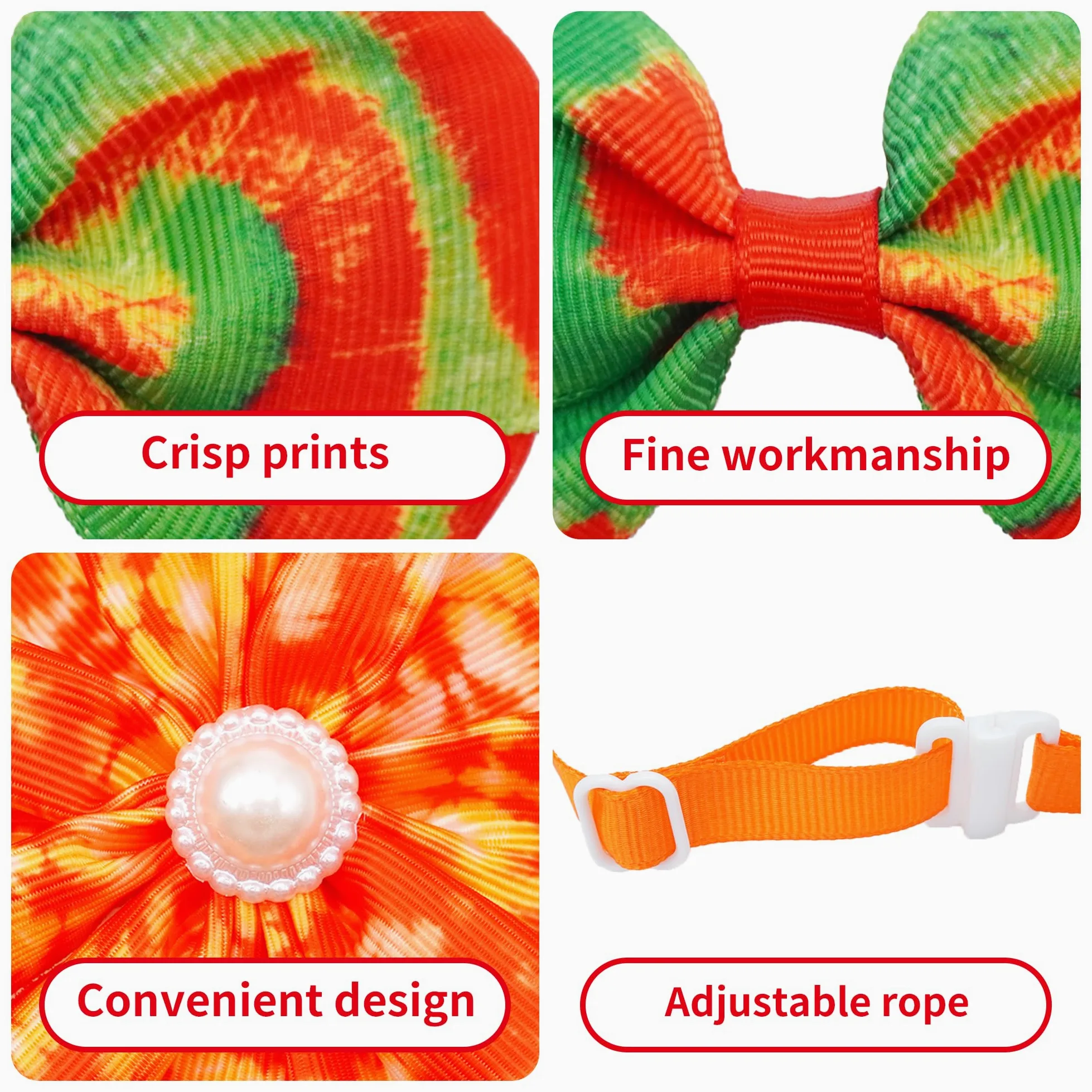 La confezione da 120 fiocchi per cani tie dye include 60 collari per cani, fiori e papillon, 20 papillon con collare regolabile, 40 fiocchi per capelli per ragazze, femmine, ragazzi, cani