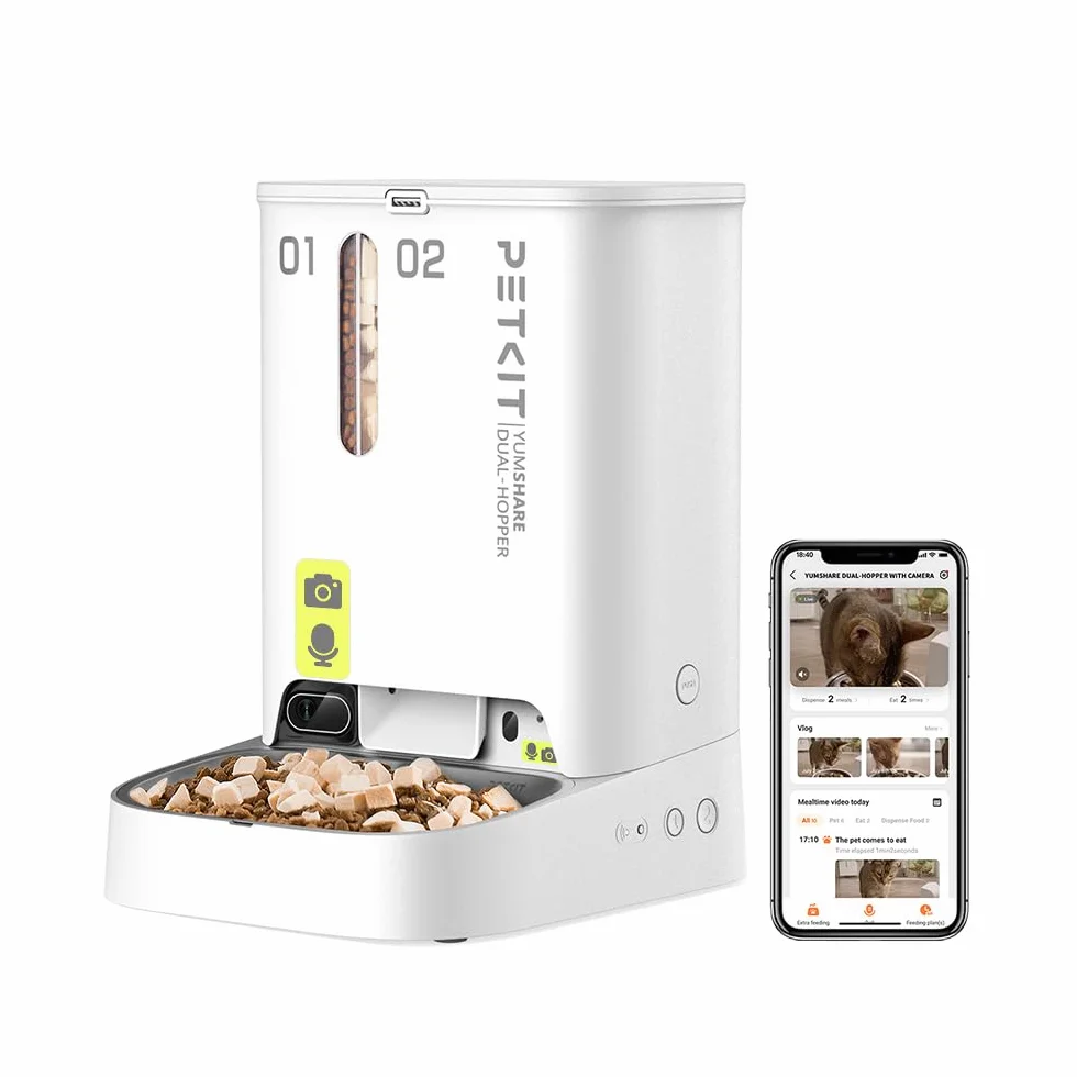 PETKIT Distributore Automatico Cibo per Gatti e Cani 5L con Telecamera HD 1080P, WiFi 2.4G, Fino a 10 Pasti al Giorno, 1-30 Porzioni, Ciotola in Acciaio Inox