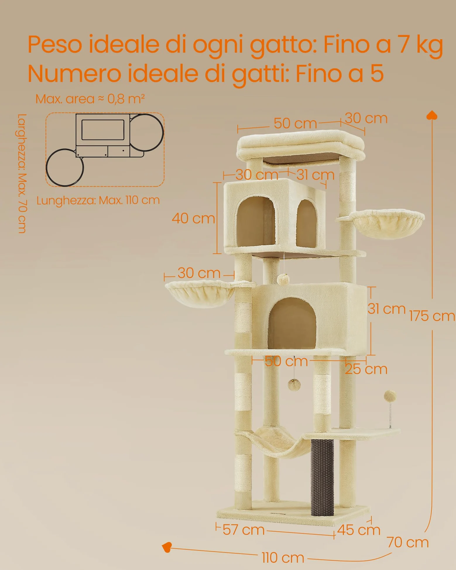 Feandrea Albero per Gatti Grande, Torre Tiragraffi Alto 175 cm, Multilivelli con 2 Grotte, 2 Cestini, 5 Graffiatoi, Autospazzola, Trespolo, Amaca, Beige Sabbia PCT182Y01