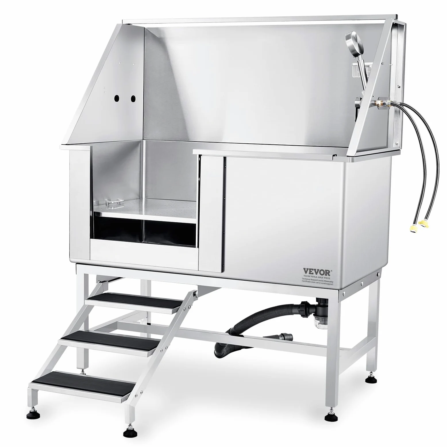 VEVOR Vasca da Bagno per Cani Stazione Vasca di Doccia per Animali Domestici in Acciaio Inox con Scale Lunghezza Max.127 cm Carico Max. Circa 150 kg, Vasca Doccia per Toelettatura per Cani con Scale