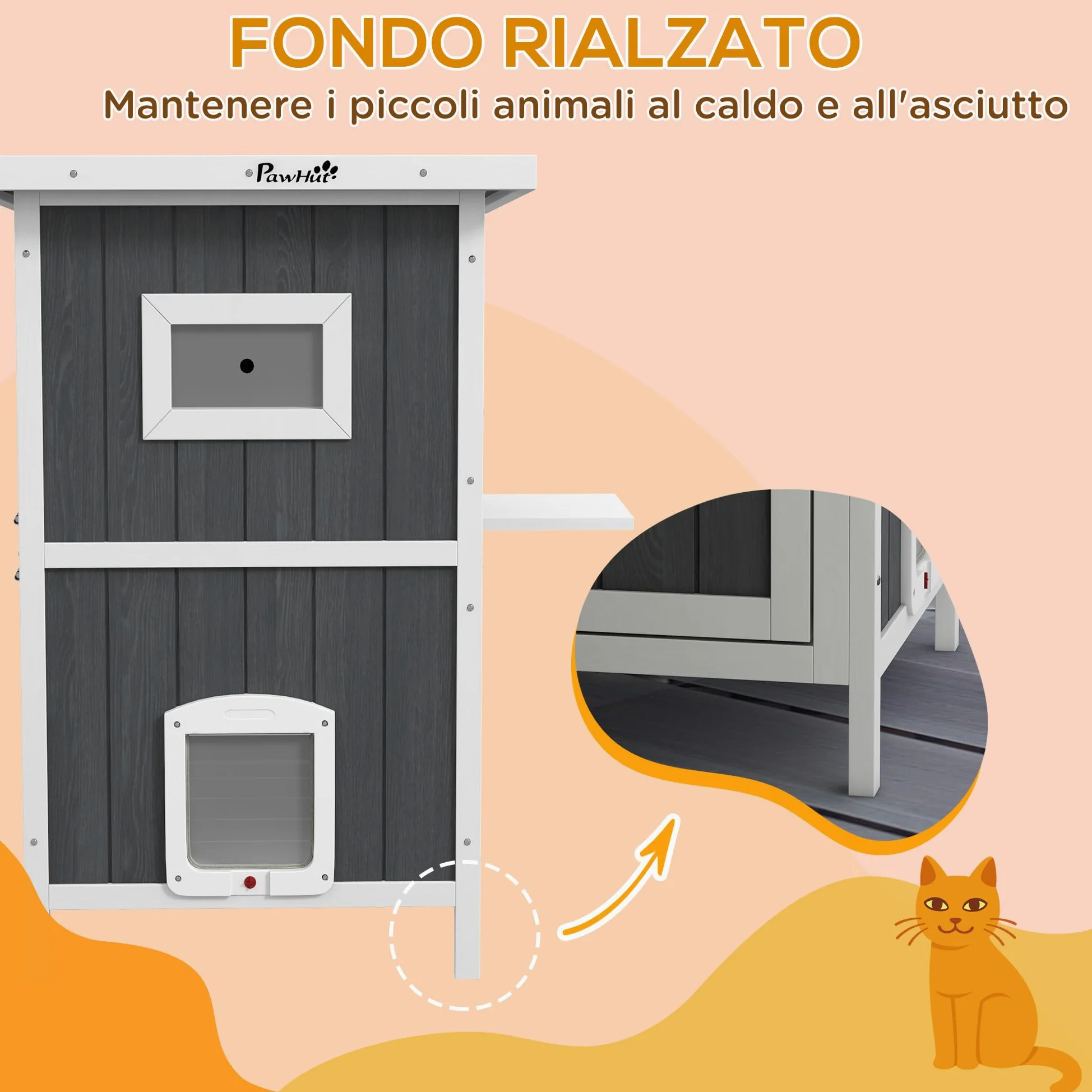 PawHut Cuccia Gatto Esterno in Legno di Abete a 2 Piani, Casetta per Gatti da Esterno con Tetto Apribile e Impermeabile, 60x60x90.5cm