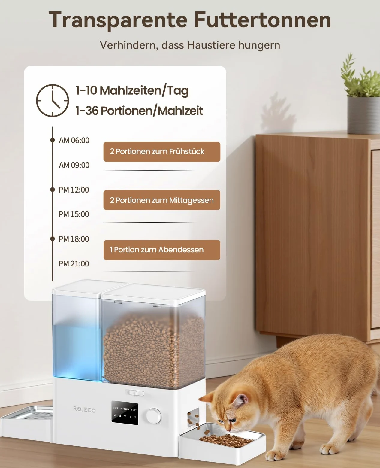 ROJECO Distributore Cibo Gatti Automatico 2-in-1 con Wi-Fi APP, 5L Crocchette + 3.5L Acqua a Gravità, Mangiatoia e Abbeveratoio per Gatti
