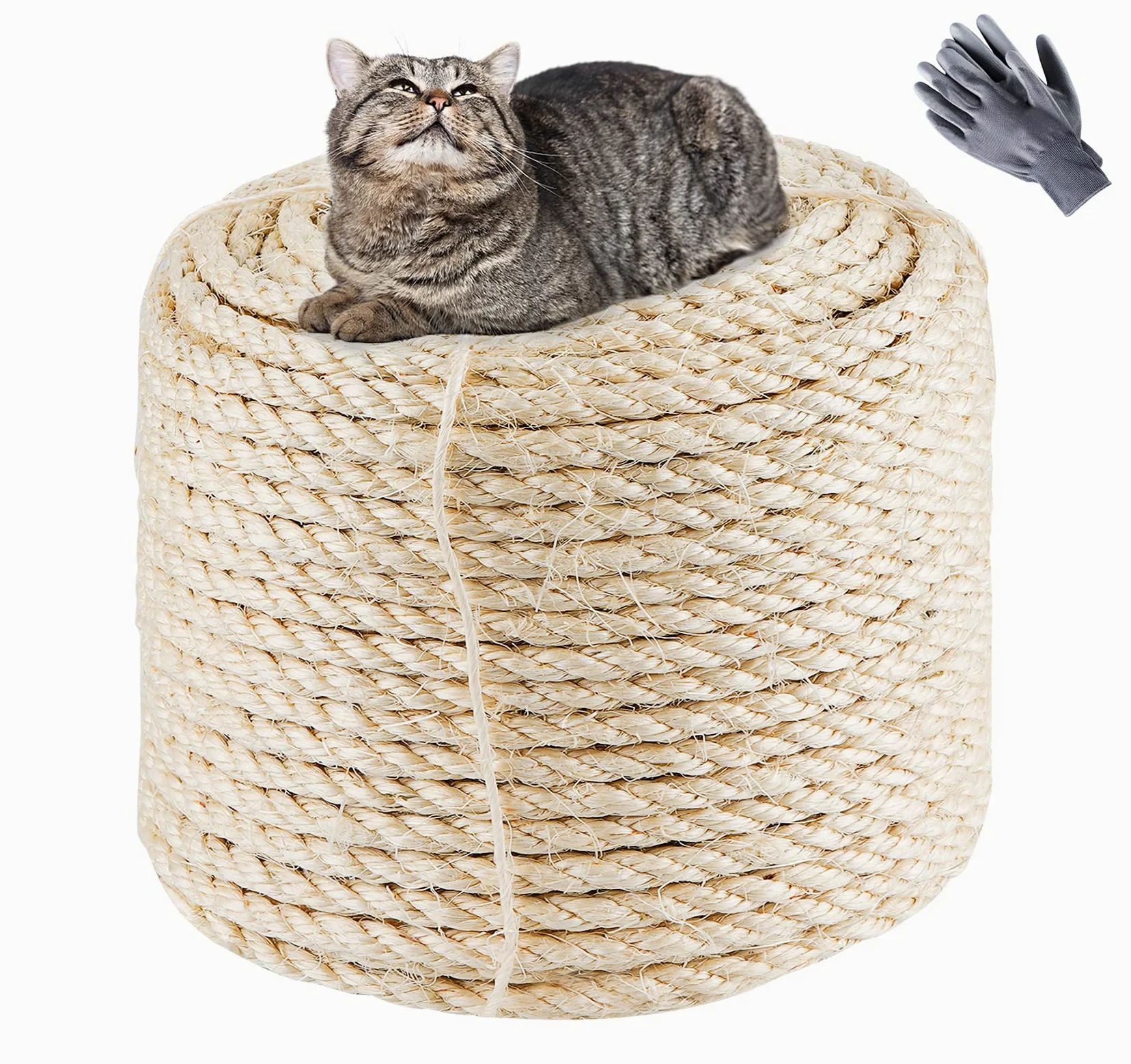 Corda in sisal naturale, 8 x 60 m, naturale bianco, sostituzione corda Antico per gatti con una coppia di guanti di protezione per tiragraffi gatti, l'albero a gatto, Vaso da fiori da giardino