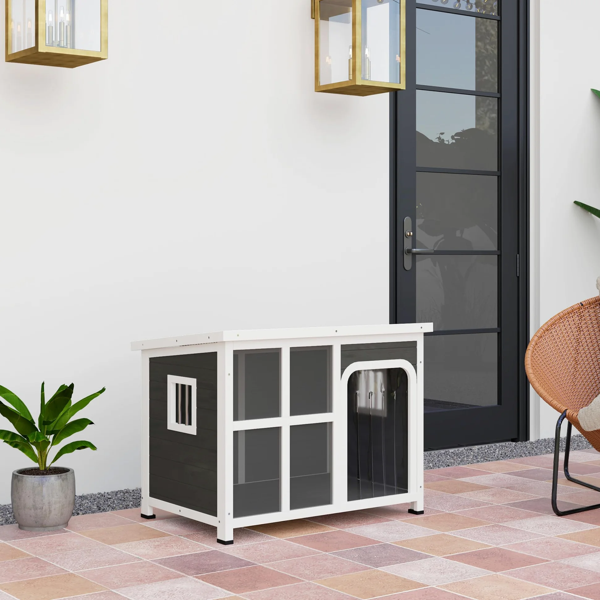 PawHut Casetta per Cani Taglia Piccola e Media con Finestrelle Laterali e Tendina da Ingresso, Cuccia per Cane da Esterno con Base Estraibile e Tettuccio Apribile, 90x62x71 cm, Grigio Chiaro