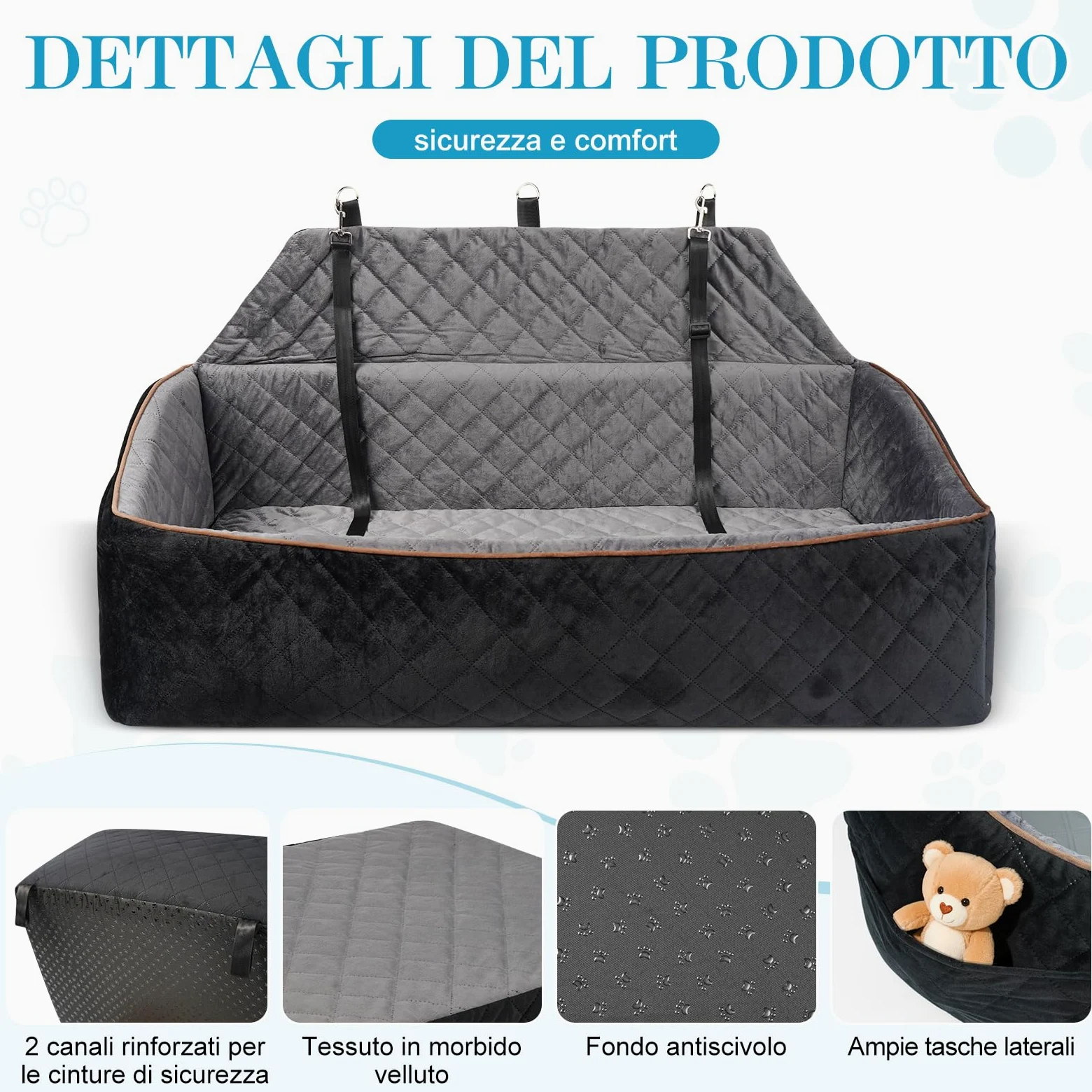 Seggiolino Auto per Cani per Cani Grandi/Medi fino a 45 kg - Seggiolino Auto Cane Rimovibile e Lavabile, Trasportabile con Guinzaglio e Base Antiscivolo per Sedile Posteriore