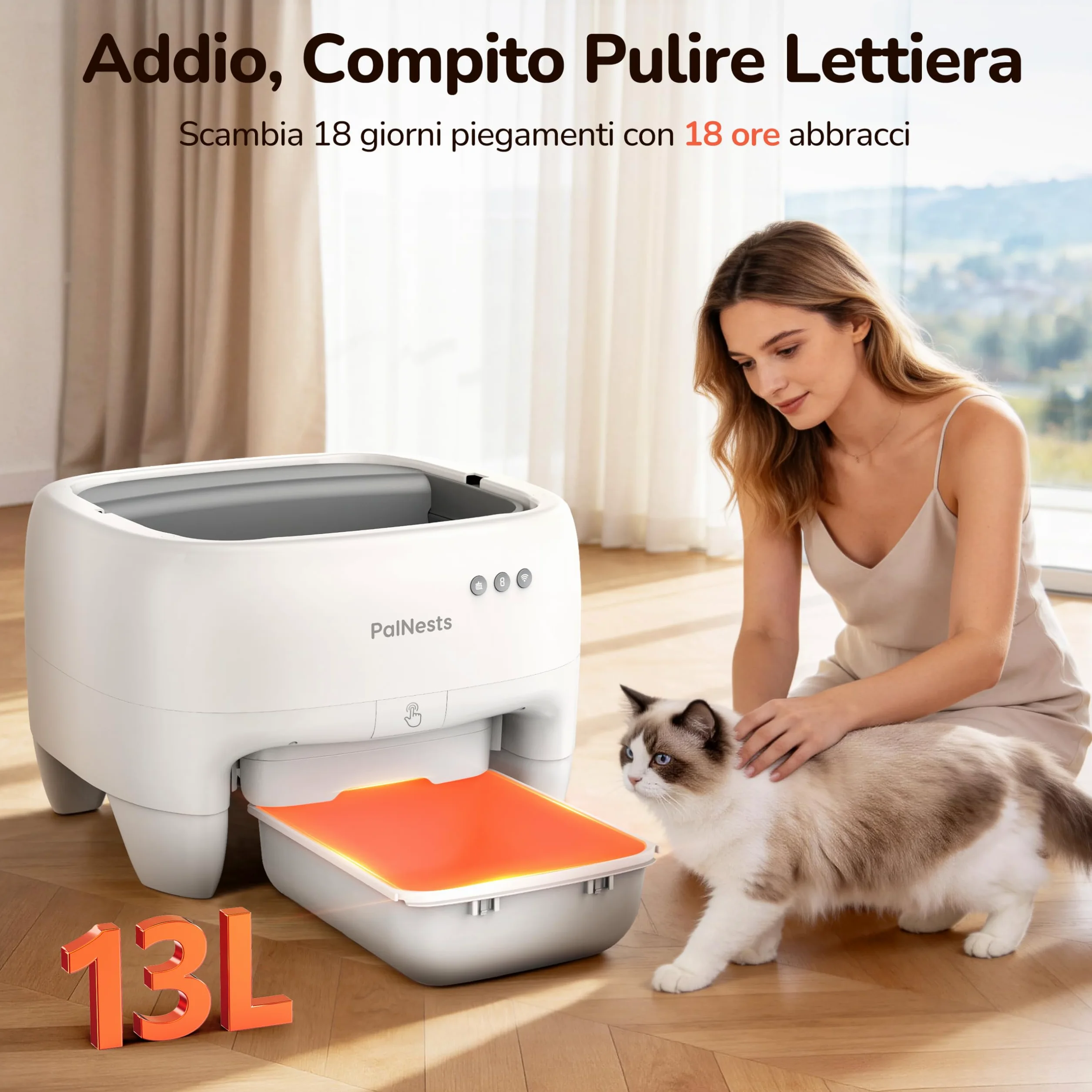 Lettiera Gatto Autopulente, Lettiera Automatica per Gatti Sicurezza Anti-Pizzicamento, Design Aperto con Ingresso dall'Alto per Gatti Grandi e Multipli, Controllo APP, Deodorizzazione, Bianco