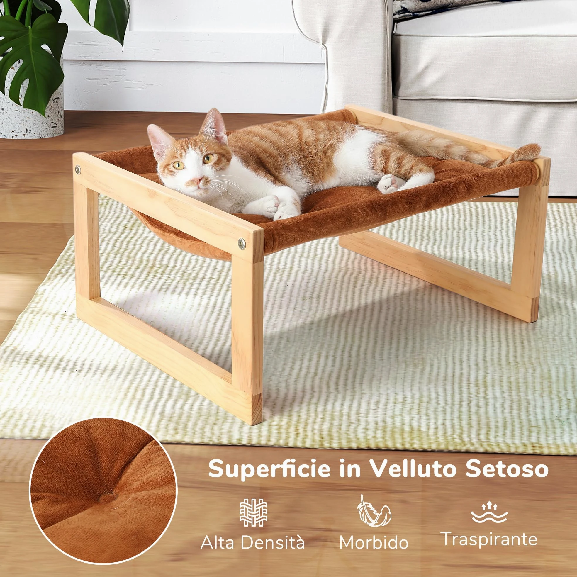 FUKUMARU Cuccia per gatti in velluto felpato per interni, amaca per gattini in legno, 53 x 41 cm, adatta per gatti, cani, conigli, conigli, gattini e piccoli animali, marrone