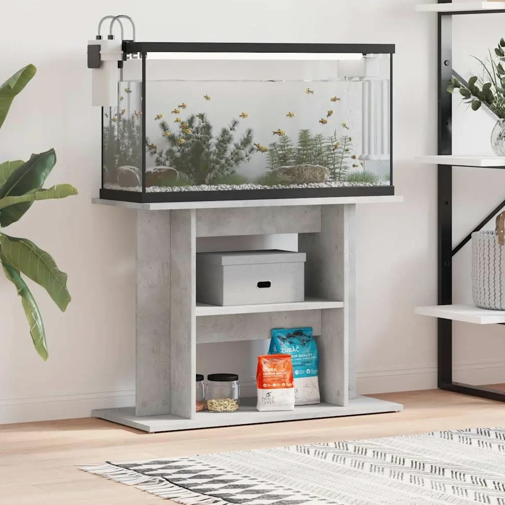 Supporto per acquario, grigio cemento, 80 x 35 x 60 cm, in legno, stabile mobile inferiore per acquario con 3 ripiani, pratico armadio per acquario per riporre mangime per pesci e accessori