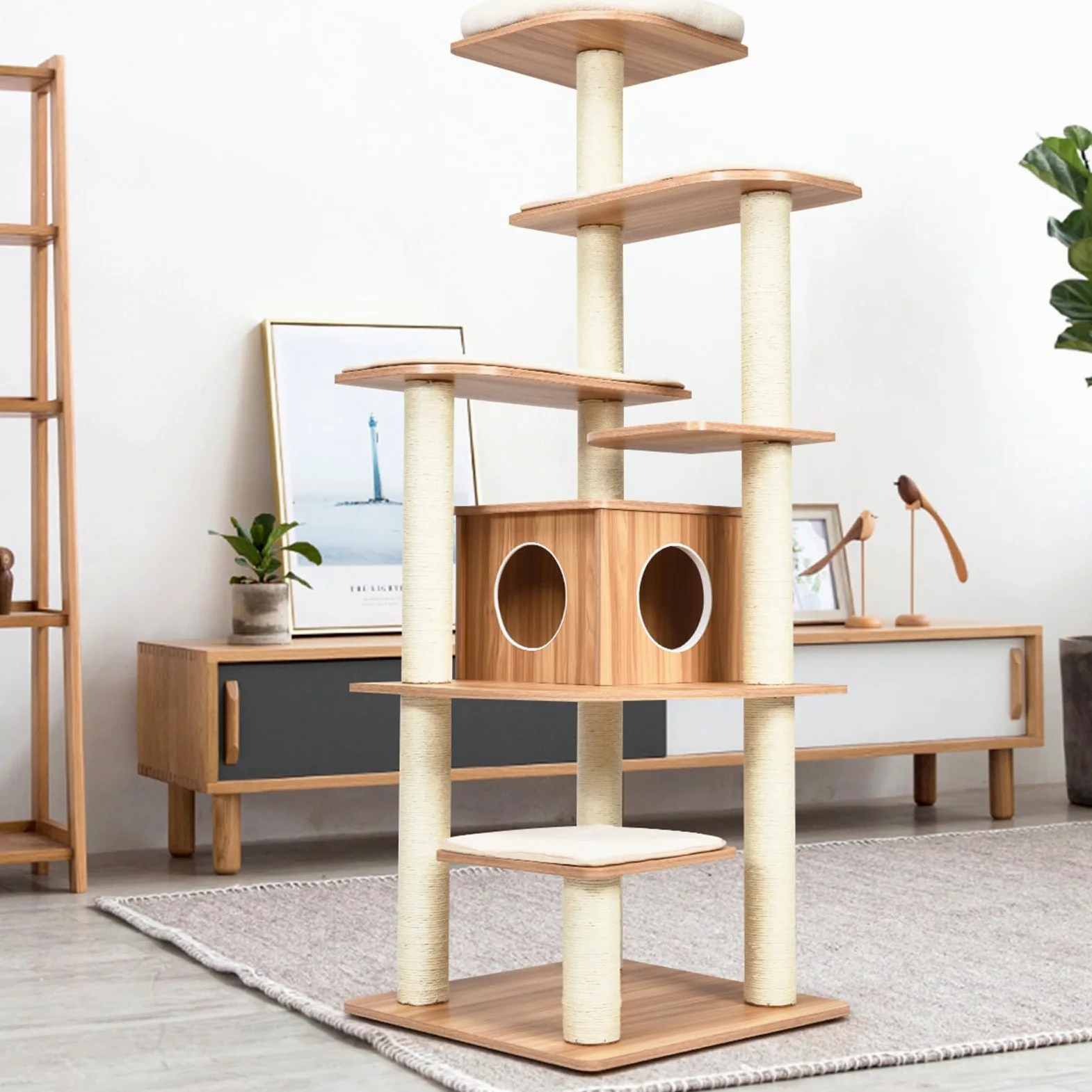COSTWAY Tiragraffi per Gatti 176cm, Albero per Gatti Adulti XXL con Corda Sisal, Cuccia, Piattaforma e Cuscini, 86,5 x 86,5 x 176cm, Nero e Naturale