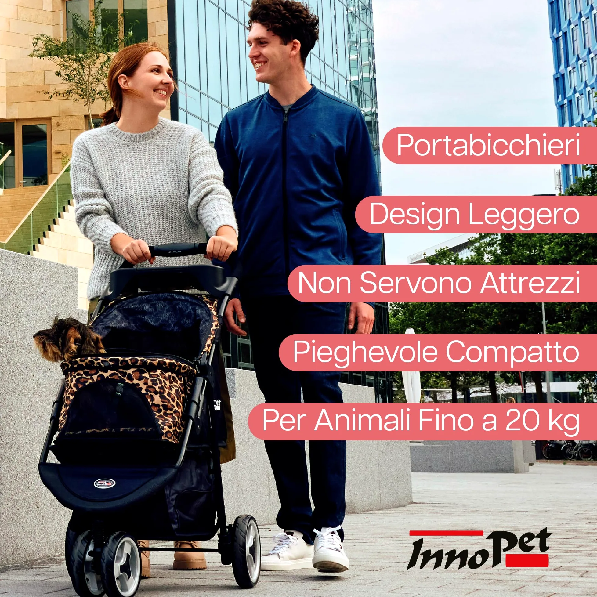 Innopet Buggy Allure Cheetah - Elegante passeggino per cani con stampa leopardata, pieghevole con una sola mano - Ruote antiforatura - Peso massimo 20 kg - carrozzina ideale per gatti