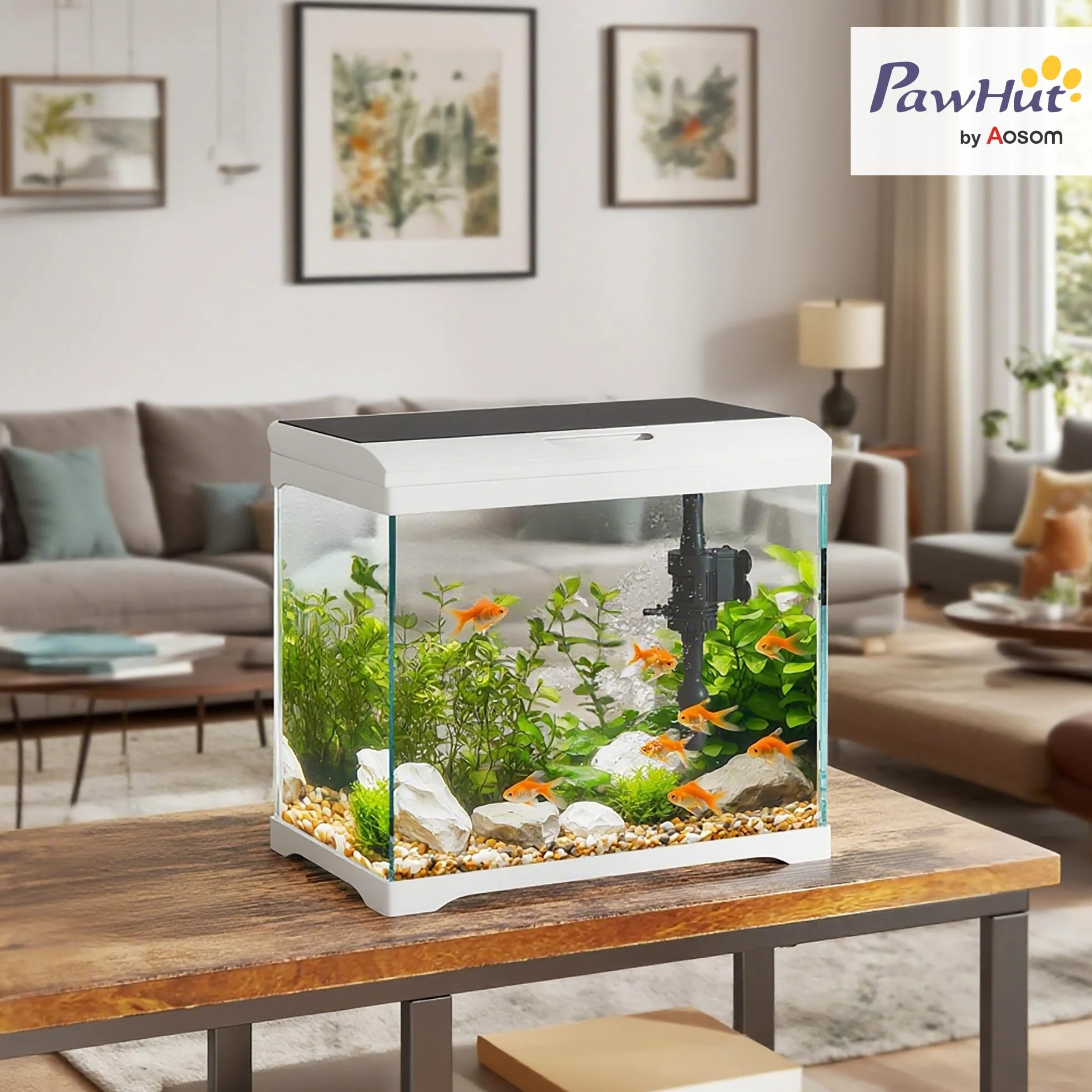 PawHut Acquario in Vetro 17L per Pesci Rossi con Illuminazione LED, Acquario Completo con Pompa d'Acqua e Sistema di Filtraggio, Vaschetta per Pesci Acqua Tropicali 35x21x31 cm Bianco