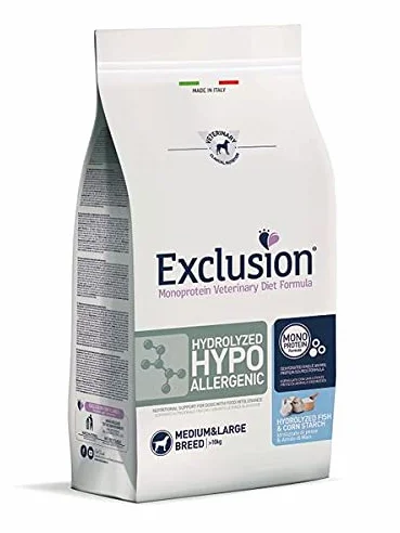 Exclusion Hydrolyzed Hypoalergenic Alimento Dietetico con Pesce e Amido di Mais per Cani con Intolleranza Alimentare