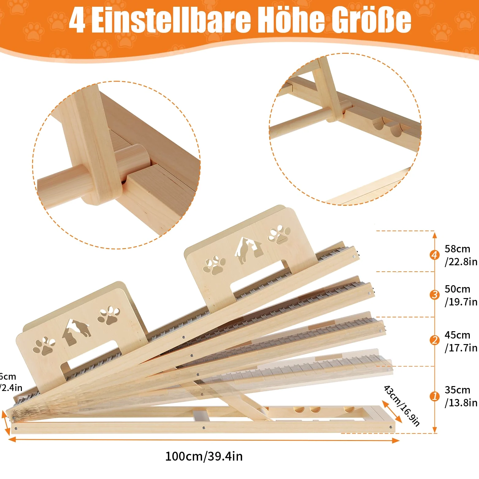 Rampa per cani da 100 cm, 4 livelli di altezza regolabile da 35 cm a 58 cm, rampa per cani in legno, pieghevole, per cani di taglia grande