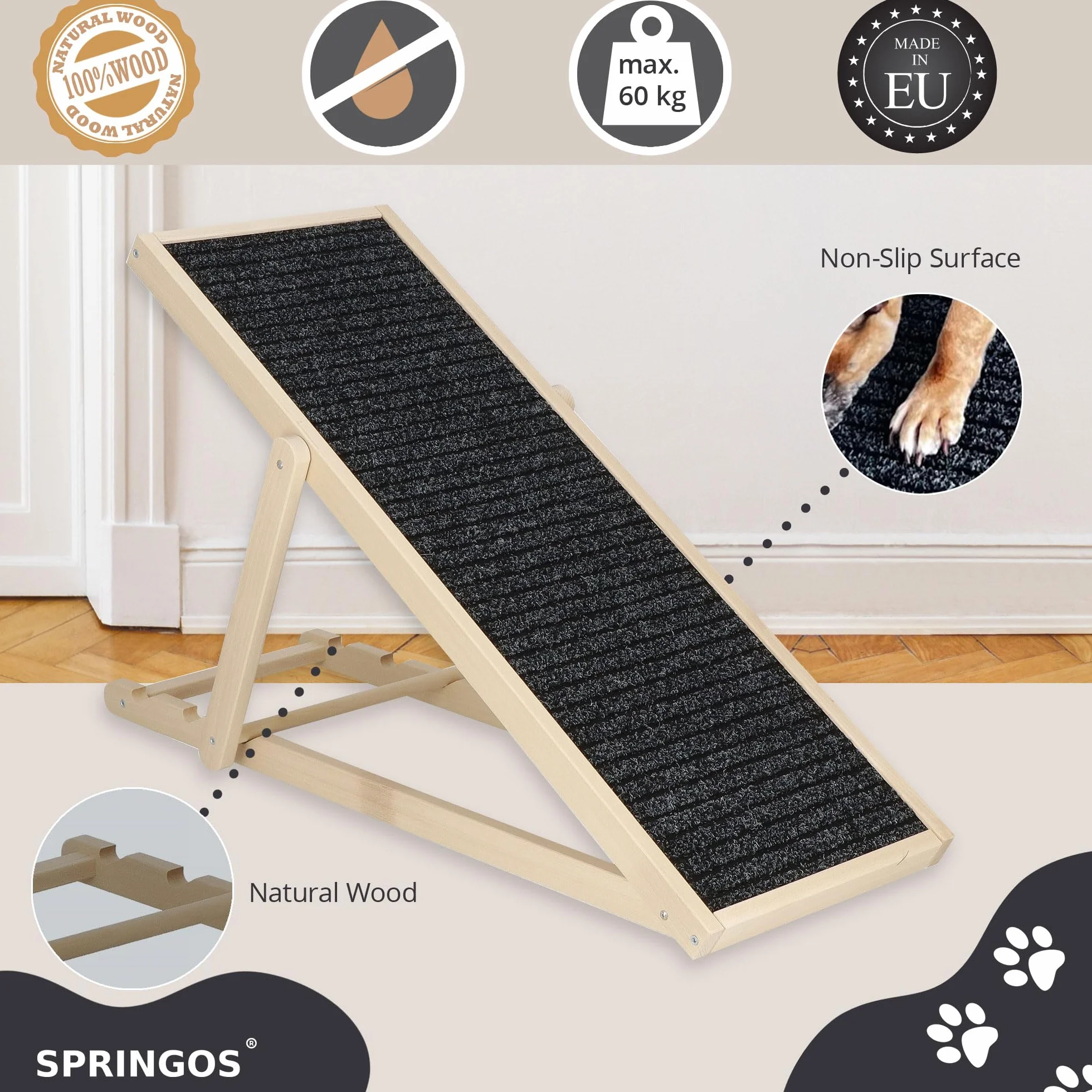 SPRINGOS Rampa per cani Gradini per cani regolabili da 42,5-59 cm per letto o divano Scala per cani pieghevole in legno Rampa di accesso per animali domestici con inserto antiscivolo