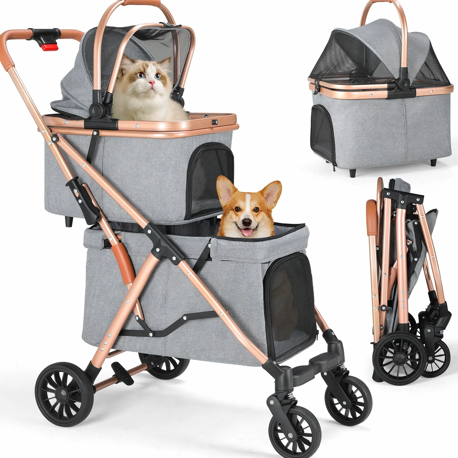 MAMIZO Passeggino Doppio Strato per Cani, Pieghevole Passeggino per Animali Domestici fino a 15 kg, Carrello per Cani con 4 PCS ruote, Passeggino Cane con Finestre a Rete e Portabevande, Grigio