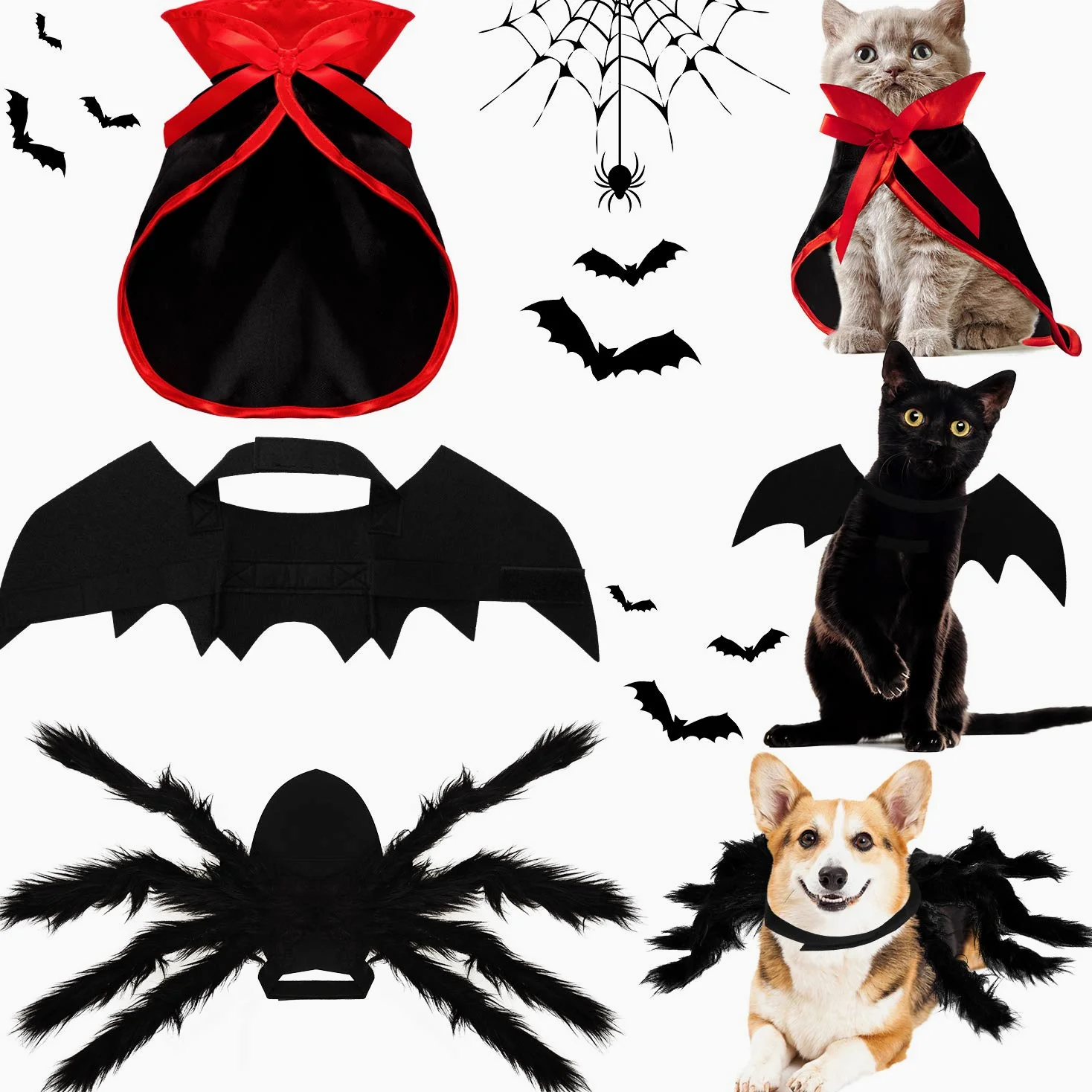 3 Set Costumi per Cani Gatto di Halloween, Ali Pipistrello da Animale Mantello Vampiro Strega Imitazione Gigante Ali di Ragno Accessori Cosplay Costume Animali Halloween Decor Ala per Cani Gatti