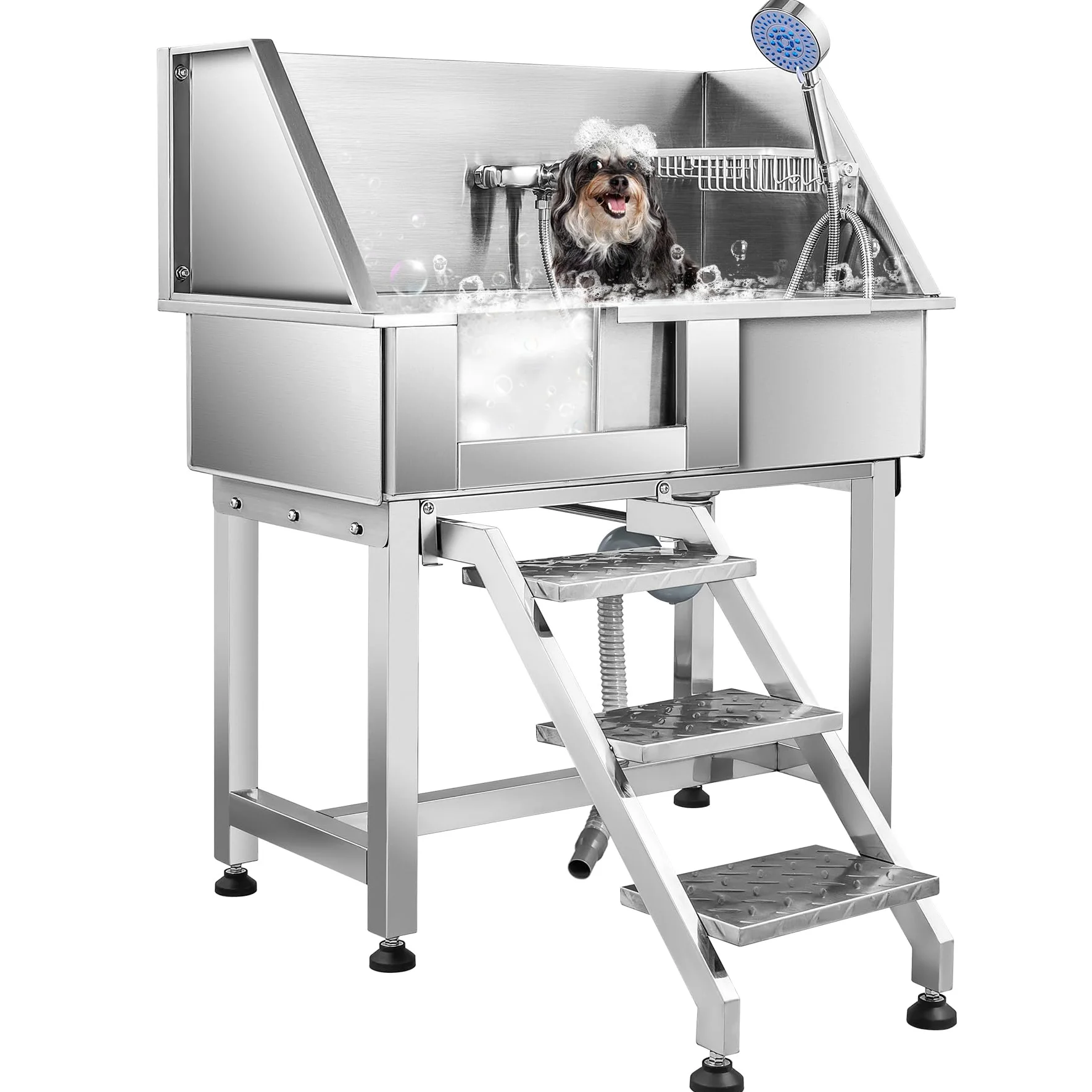 CO-Z 86 cm Vasca da Bagno per Cani in Acciaio Inossidabile, Vasca Toelettatura Professionale per Animali Domestici capacità 80 kg, Vasca Doccia per Toelettatura con Scale Porta Scorrevole Rubinetto