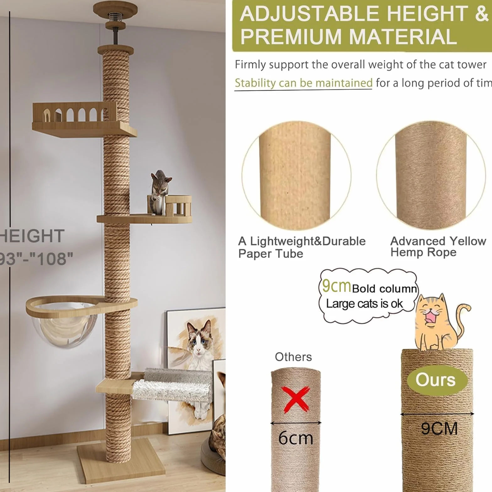 Md Tiragraffi a soffitto, capsula per stanza, amaca per gatti, completamente avvolta in corda di sisal, larghezza di 11 cm, altezza del soffitto (240~250 cm, 265 – 275 cm T04)