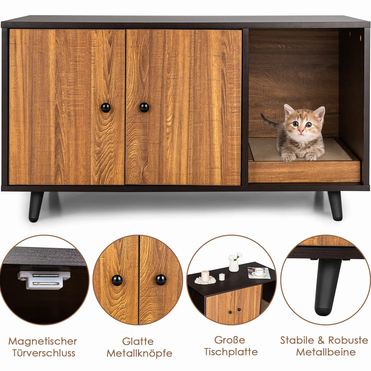 FANTASK Casetta laterale 2 in 1, tavolo e armadietto per gatti con 2 ante, tavolino da caffè e lettiera per gatti, in legno, con design impermeabile, buona circolazione dell'aria, 90 x 50 x 50 cm