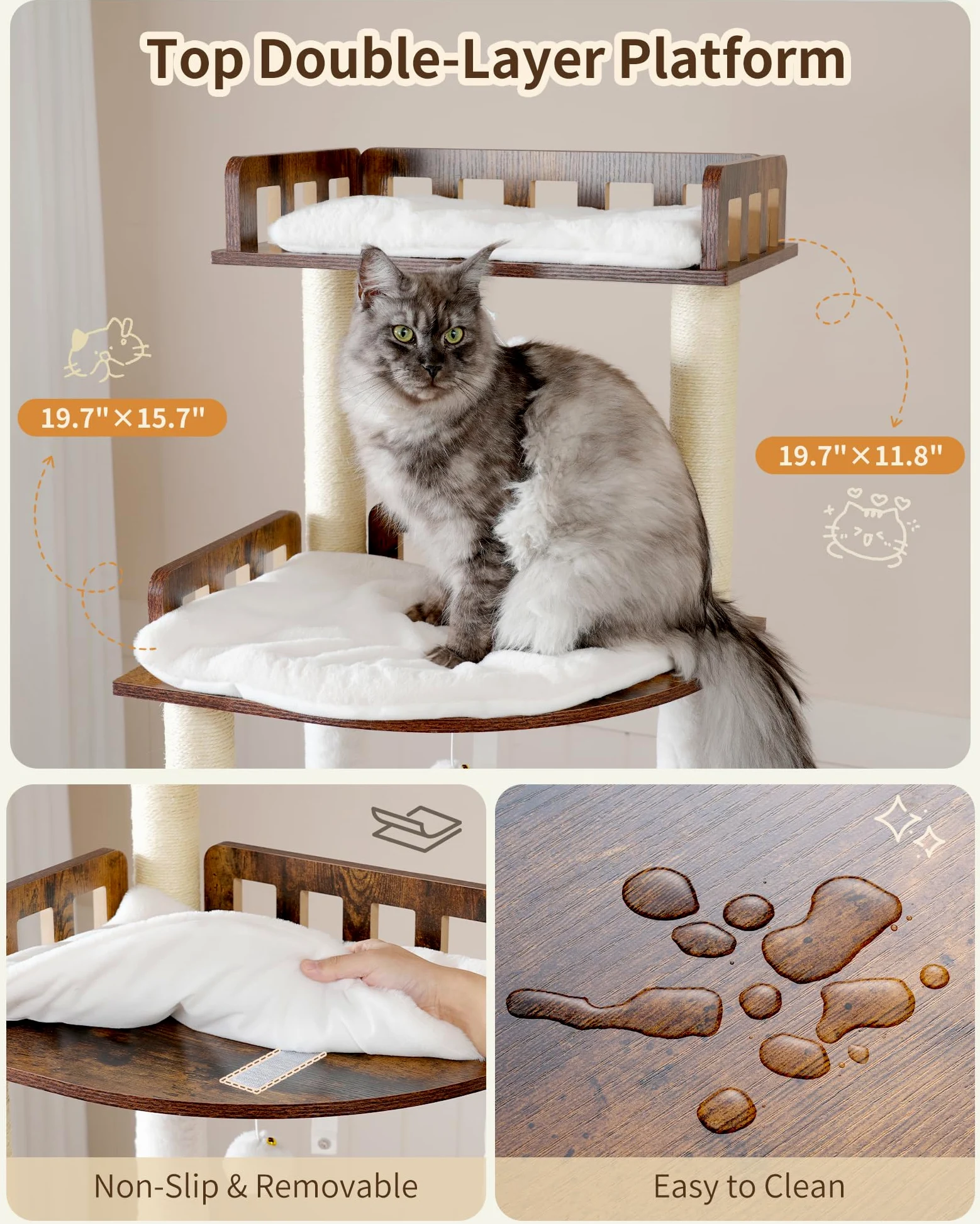 Heybly Tiragraffi per Gatti, Albero in Legno da 179 cm per Gatti Grandi, Struttura Ultra-Stabile, Arredo Moderno con Rivestimento in Sisal Totale, Condo e Amache, Marrone Vintage HCT121SR