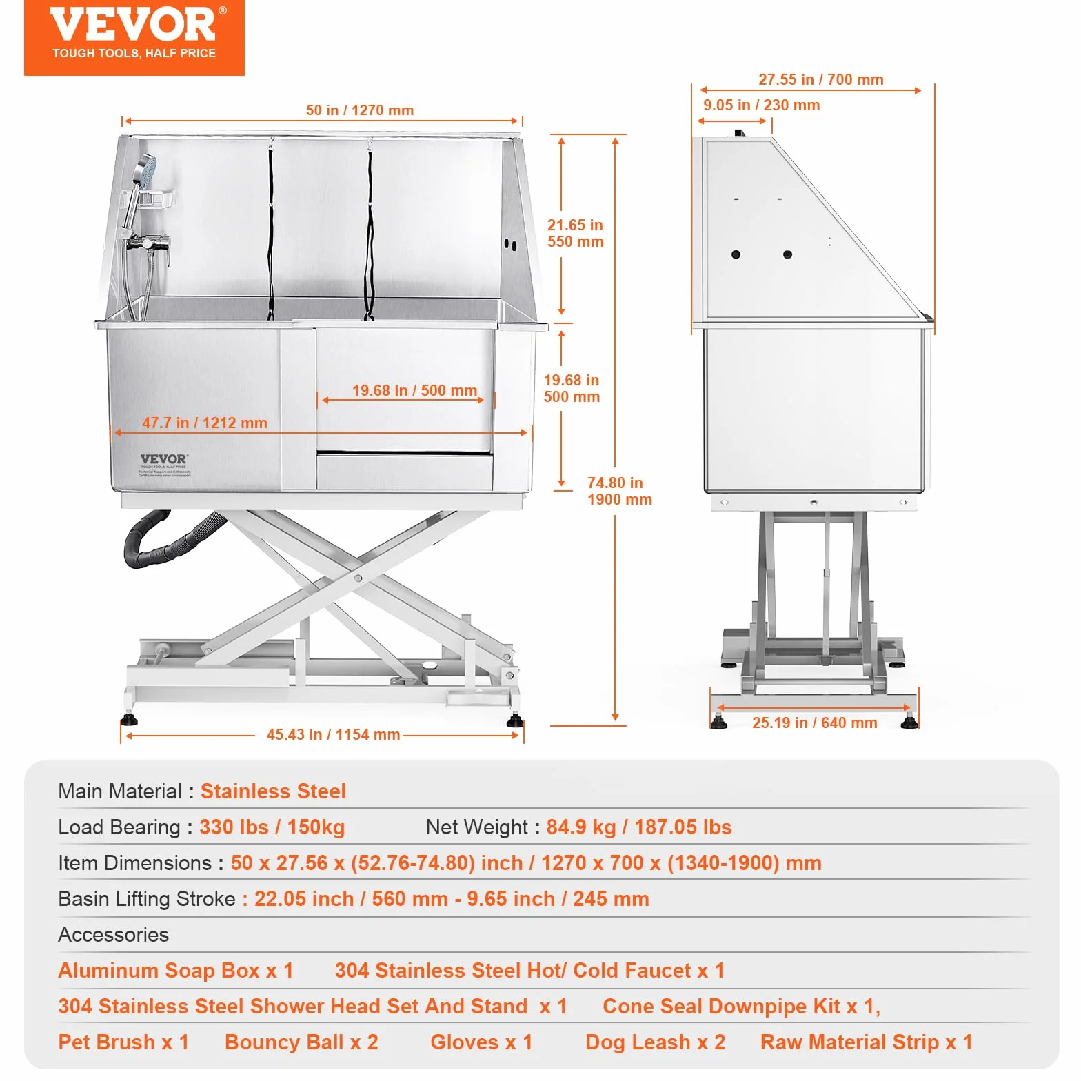 VEVOR Vasca da Bagno per Cani Animali Domestici Lunghezza max. 127 cm, Vasca per Toelettatura Cani in Acciaio Inox Vasca da Bagno Altezza Regolabile Elettrico per Animali Domestici Porta a Destra