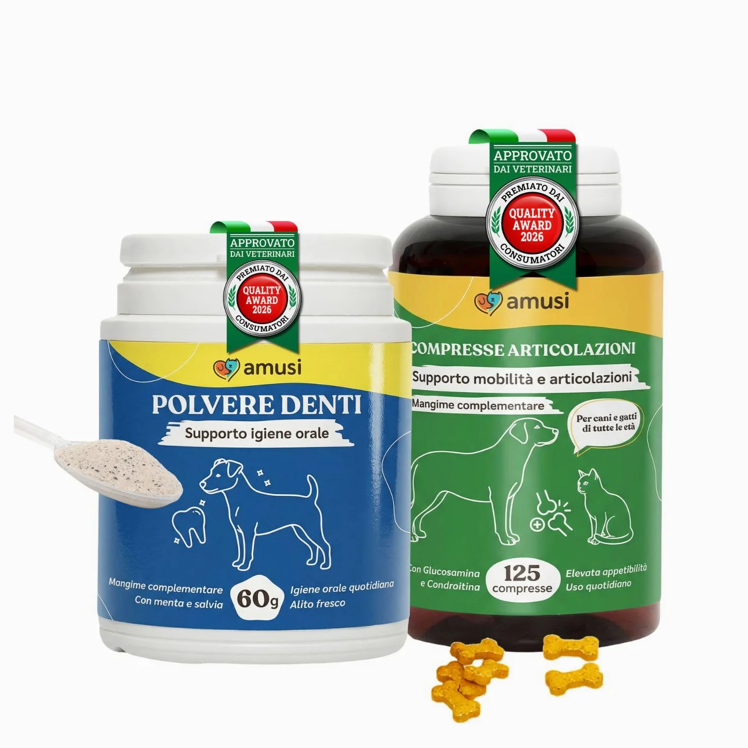 amusi Igiene Orale + Articolazioni per cani: Dentifricio in Polvere 60g con Ascophyllum e Menta per Denti e Alito + Integratore 125 Compresse con Glucosamina, Condroitina, MSM e Curcuma