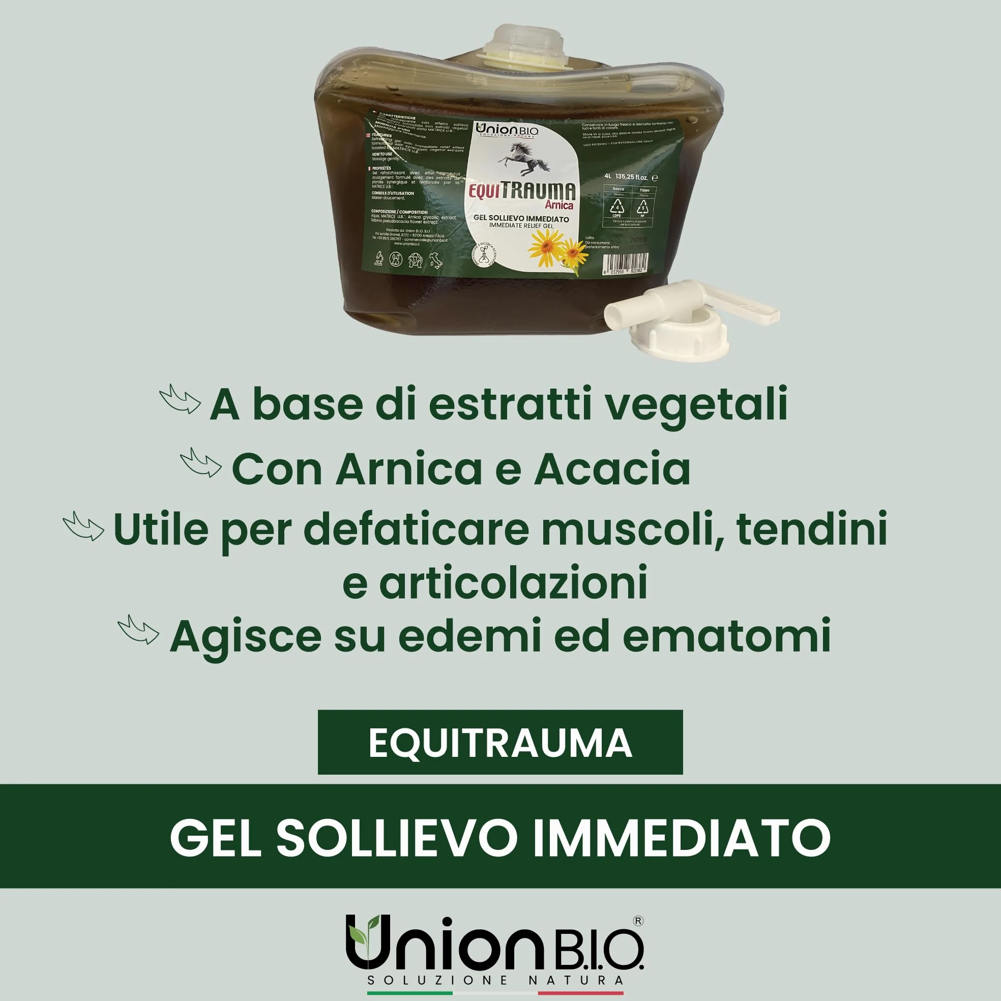 UNION B.I.O. SOLUZIONE NATURA Equitrauma Gel Arnica Montana per Cavalli e Uso Umano 4LT