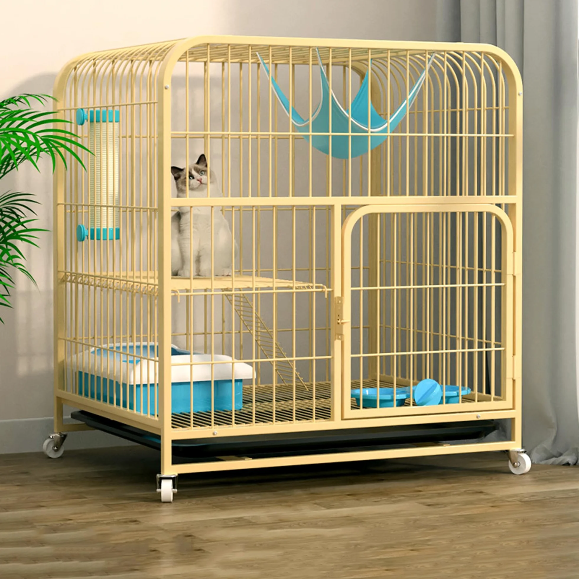 Gabbia per gatti con rotelle rotanti a 360°, recinto per gatti, casetta per gatti con vassoio rimovibile, rampa, scale, gabbia in metallo per piccoli animali, balcone, per interni ed esterni, facile