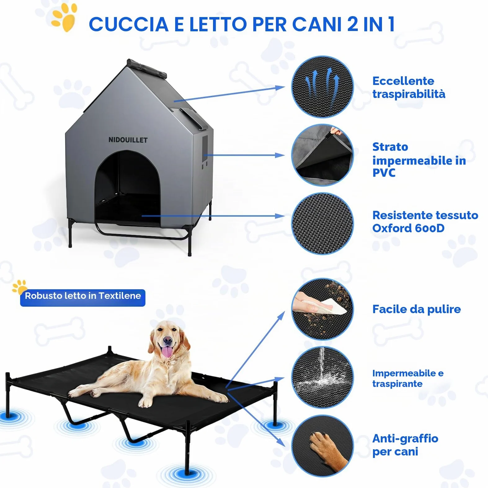 casa per cani di razza grande 122CM all'aperto o al chiuso, resistente alle intemperie 600D PVC grande casa per cuccioli, traspirante 2x1 Textilene tessuto letto per cani rialzato