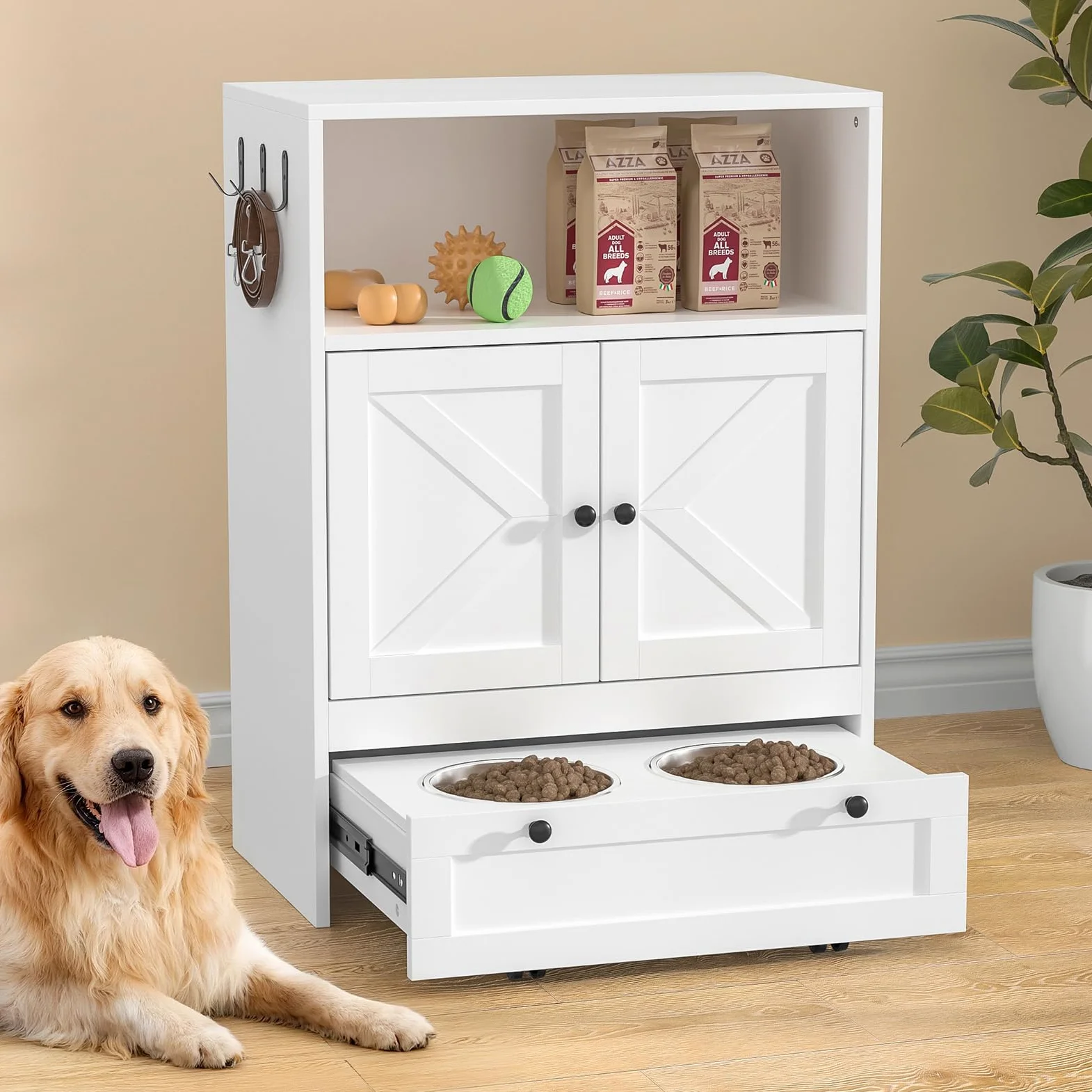 Mangiatoia per cani con 2 ciotole in acciaio inox, 60 x 35 x 82 cm, armadietto per animali domestici con ripostiglio, armadietto per animali domestici 2 in 1 e stazione di alimentazione, ciotola per