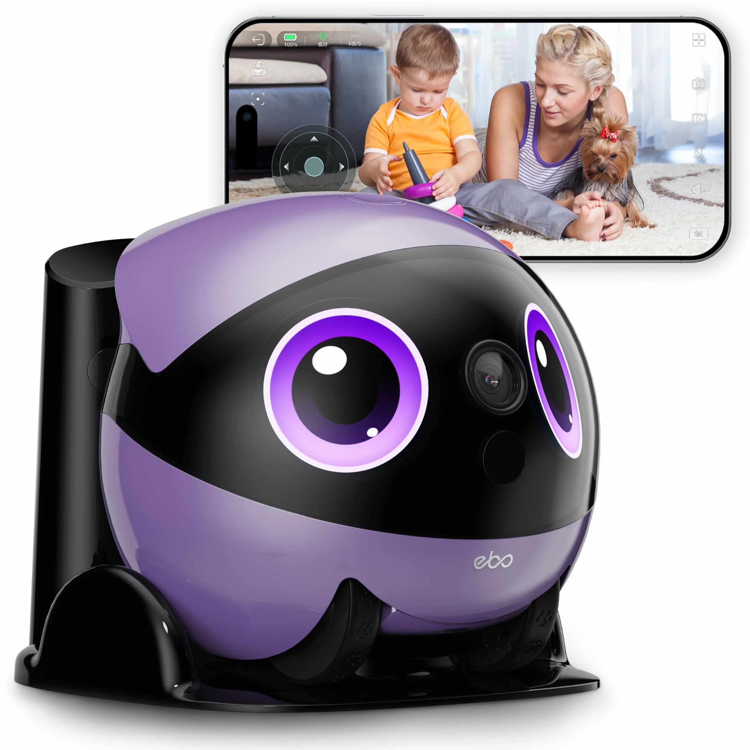 Enabot EBO Air 2 Plus, robot intelligente guidabile per la sorveglianza domestica con immagine facciale personalizzata, telecamera di sorveglianza 3K con batteria, fotocamera per animali domestici con