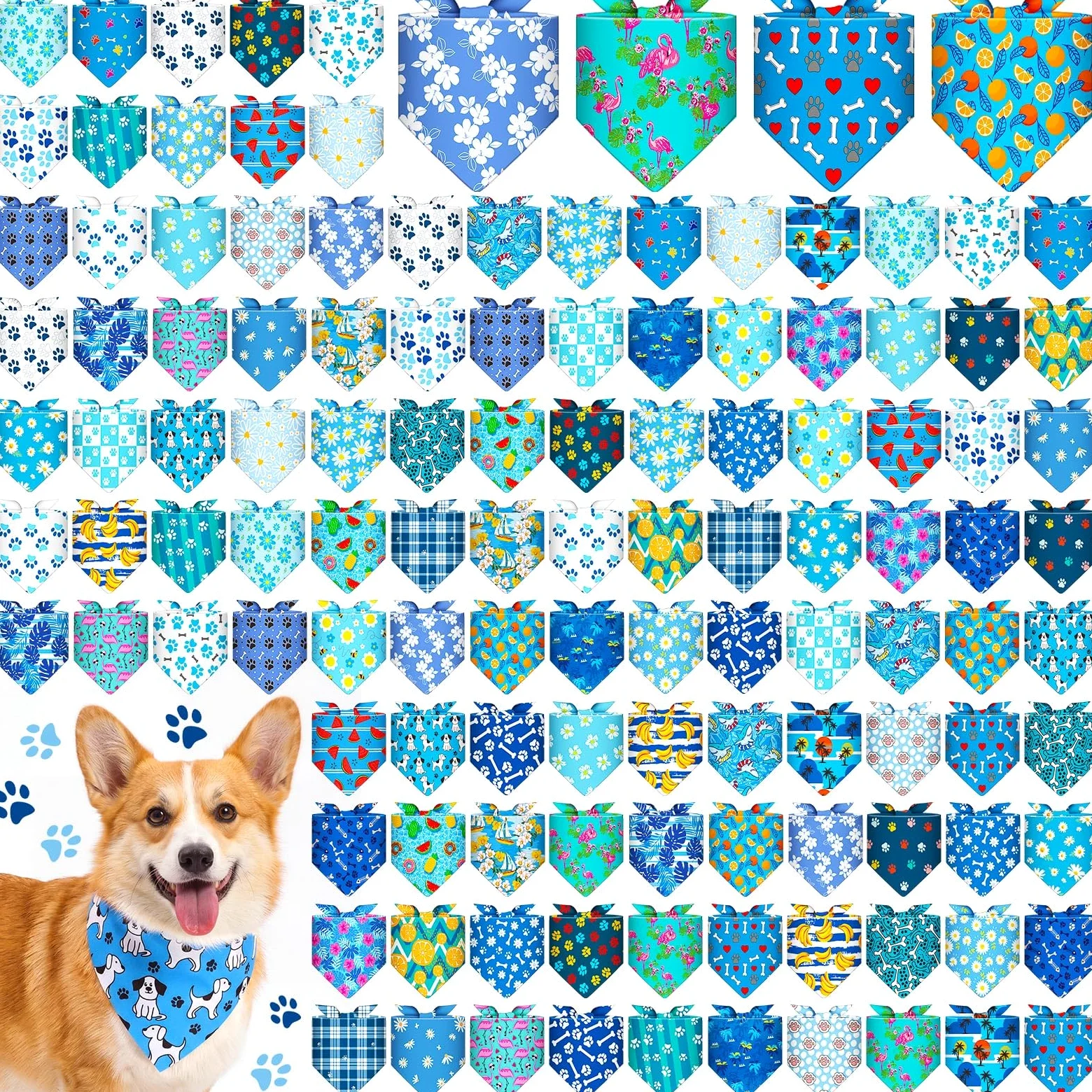 Sanwuta 120 bandane per cani con stampa di zampa blu, bandane per cani, triangolo, fazzoletto, bavaglino, set per costumi per animali domestici, accessori quotidiani