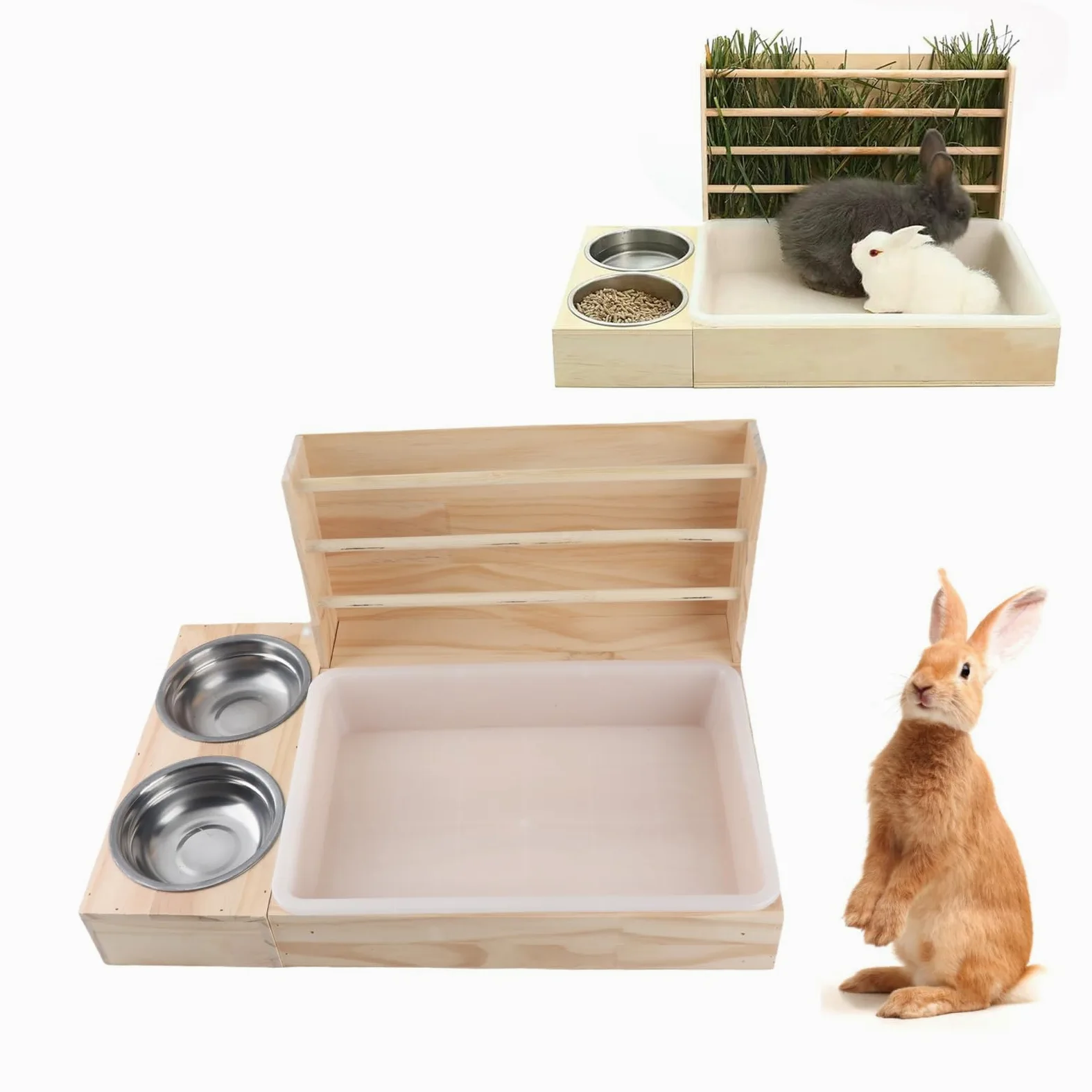 Fieno di Legno di Grande Capacità Lettiera Ciotole Struttura Anti-ribaltamento per Coniglio Guinea Pig, 3 Anni in 1 Animali Fare, Rack di Cibo Erba