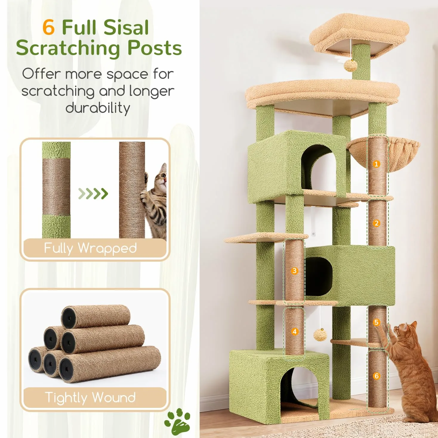 Globlazer Tiragraffi per Gatti Cactus Verde XXL Alto 203 cm con 3 Grandi Grotte 45*30*30CM, ExtraLarge Piattaforma, Cesto, Trespoli, Giocattoli, Albero Stabile per 4-6 Grandi Gatti Adulti (S80, Verde)