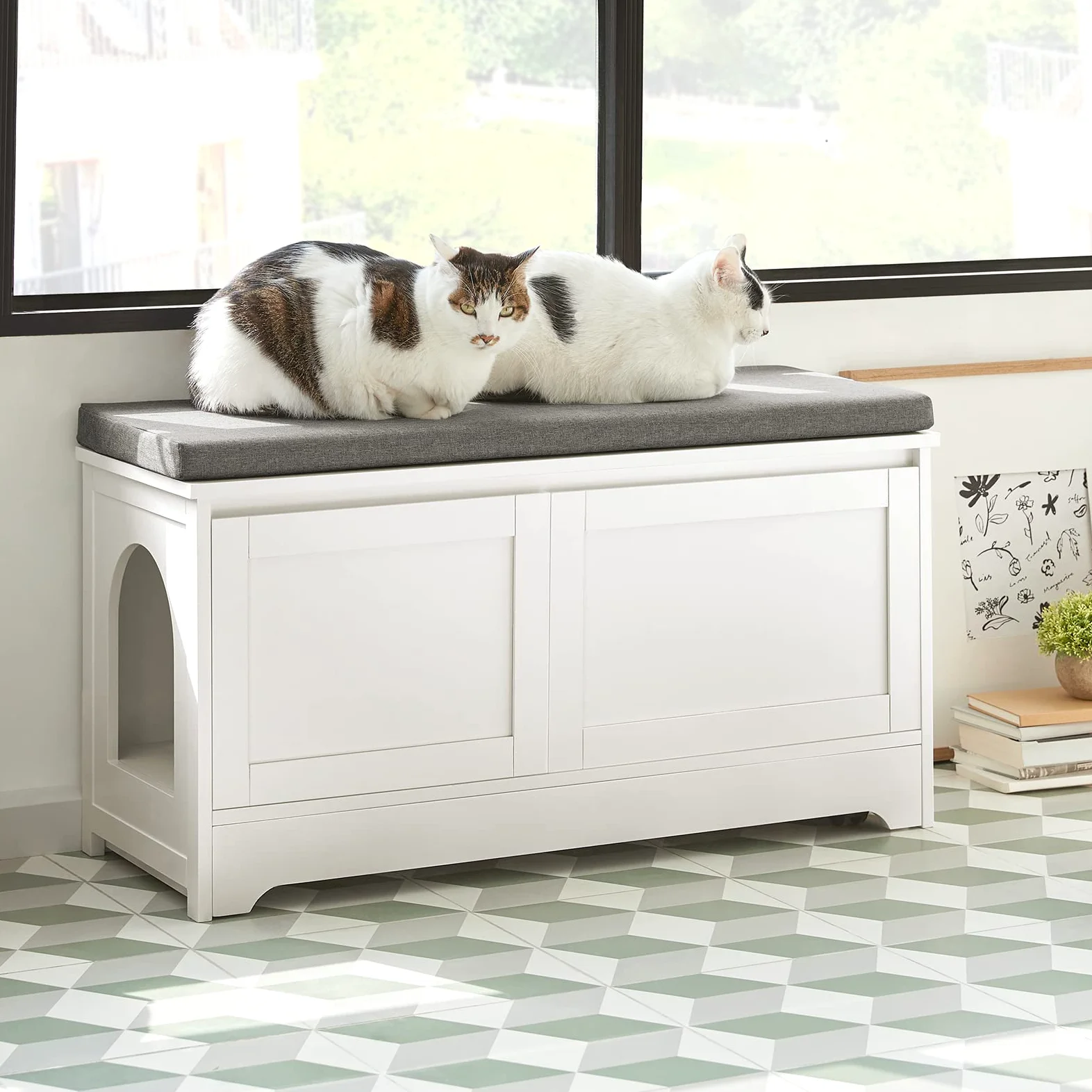 SoBuy Cuccia per gatti con ciotola per gatti in acciaio Inossidabile Panca con seduta Casetta per gatti Bianco 90x36x44cm FSR136-W