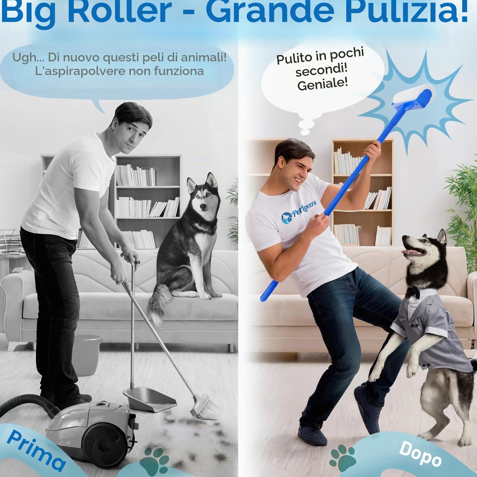 Rullo Rimuovi Peli PetLovers Large con 3 Ricariche – 360 Fogli Totali per Affrontare i Peli degli Animali, Rullo Extra Large per Pavimenti e Tappeti per Case con Animali, Perfetto per Pavimenti