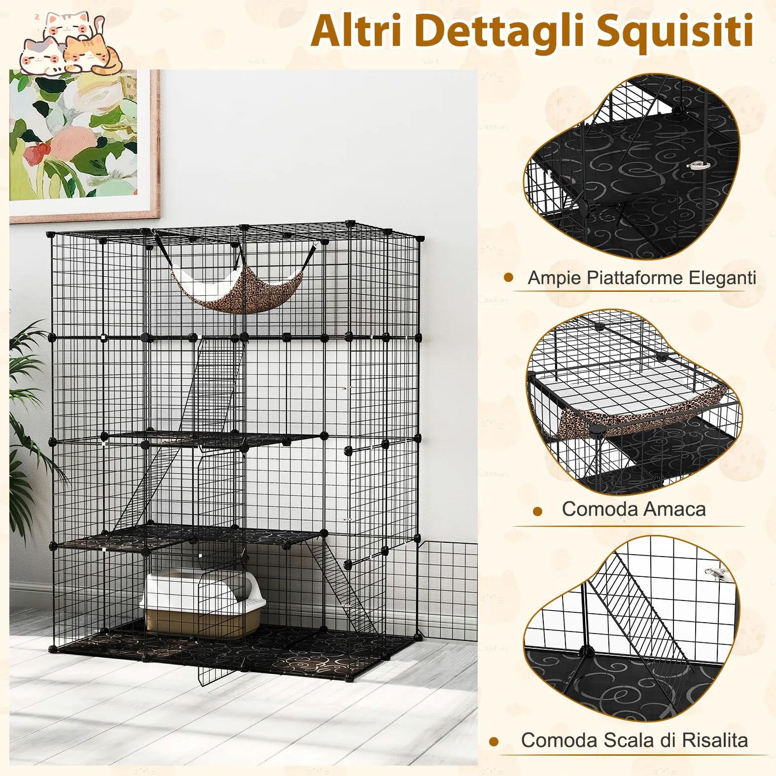 GYMAX Casa Gabbia per Gatti a più Livelli, in Metallo, Recinto per Gatti con Amaca Rimovibile, Porta, Scale, Parco in Metallo per Animali Domestici per Conigli e Cuccioli (109,5 x 74 x 142 cm)