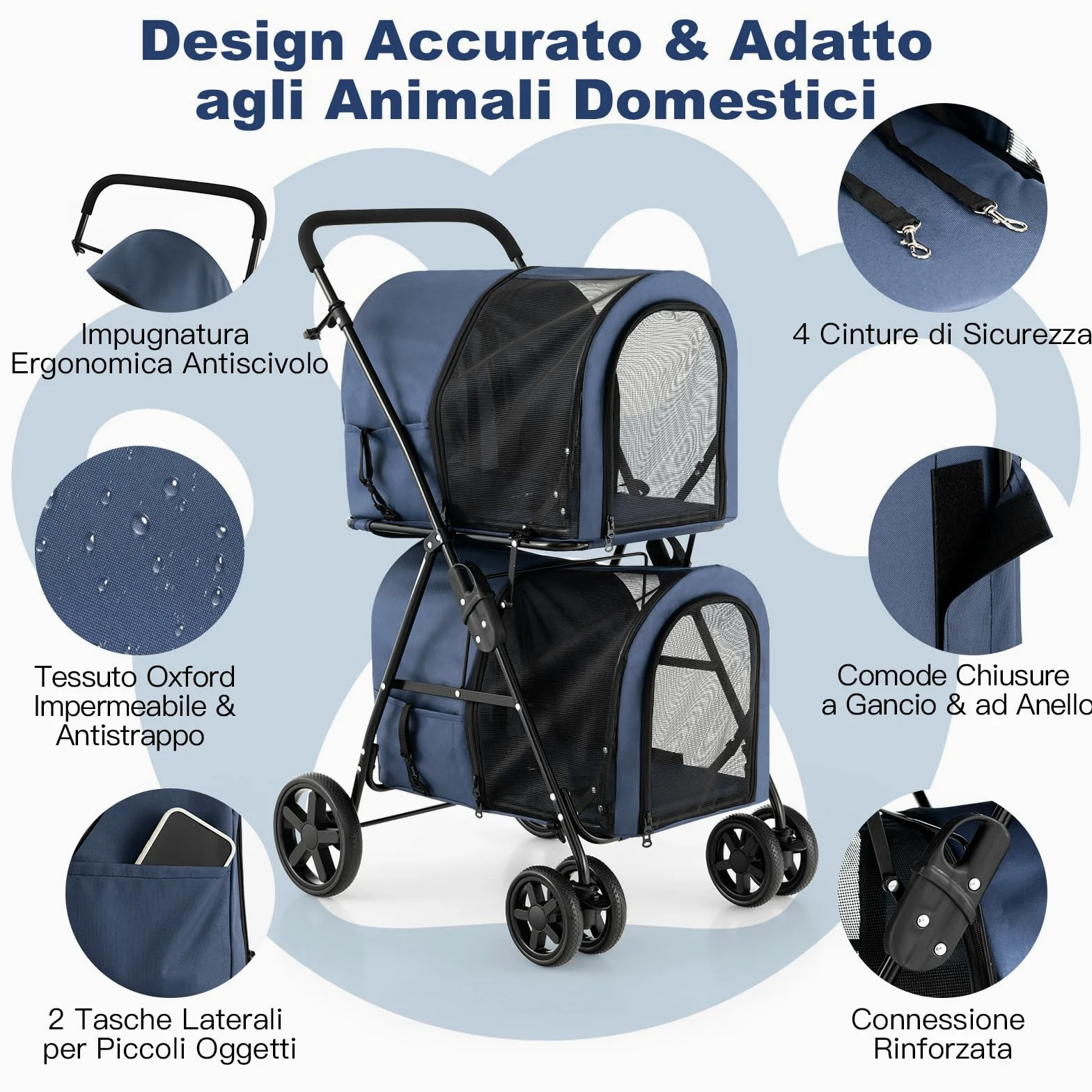 COSTWAY Passeggino per Cani Pieghevole, Carrozzina per Cani Multifunzionale 4 in 1 a Doppio Livello, Passeggino Smontabile con Ruote, Ideale per Passeggiata Viaggio e Shopping (Blu)