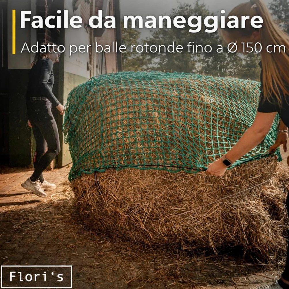 Flori's® Rete da Fieno per Balle Tonde – Ø 150 cm, Altezza 150 cm – Maglia 4,5 x 4,5 cm – Rete da Fieno Stabile per Cavalli per un'alimentazione Naturale - Rete per Balle Tonde per Fieno, Rete da