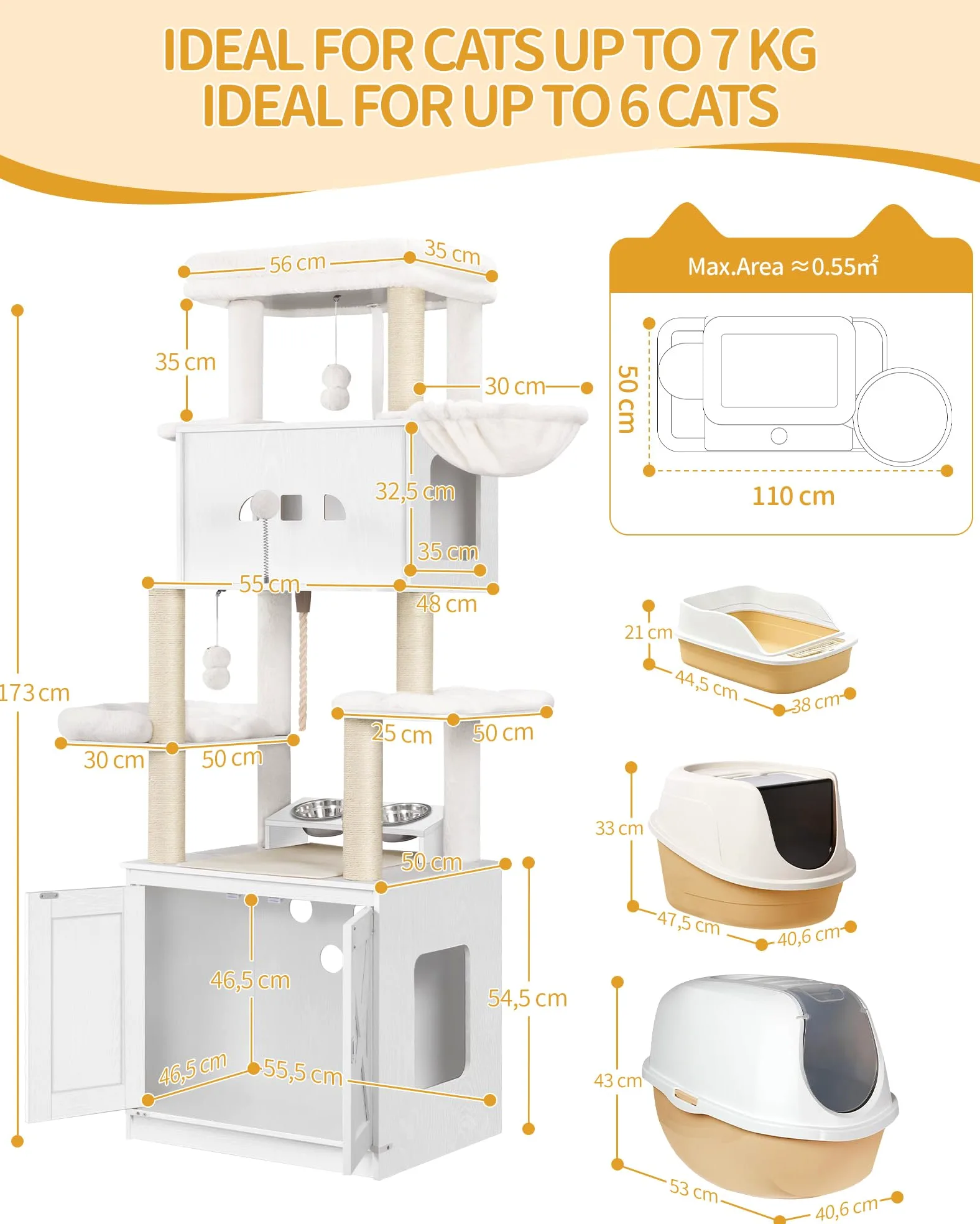 Hzuaneri Mobile Lettiera per Gatti, Albero Tiragraffi per con Ciotole, Condominio per Gatti Multilivello 173 cm, Amaca, Cuscino in Peluche Removibile e Lavabile, Bianco CB89013WT