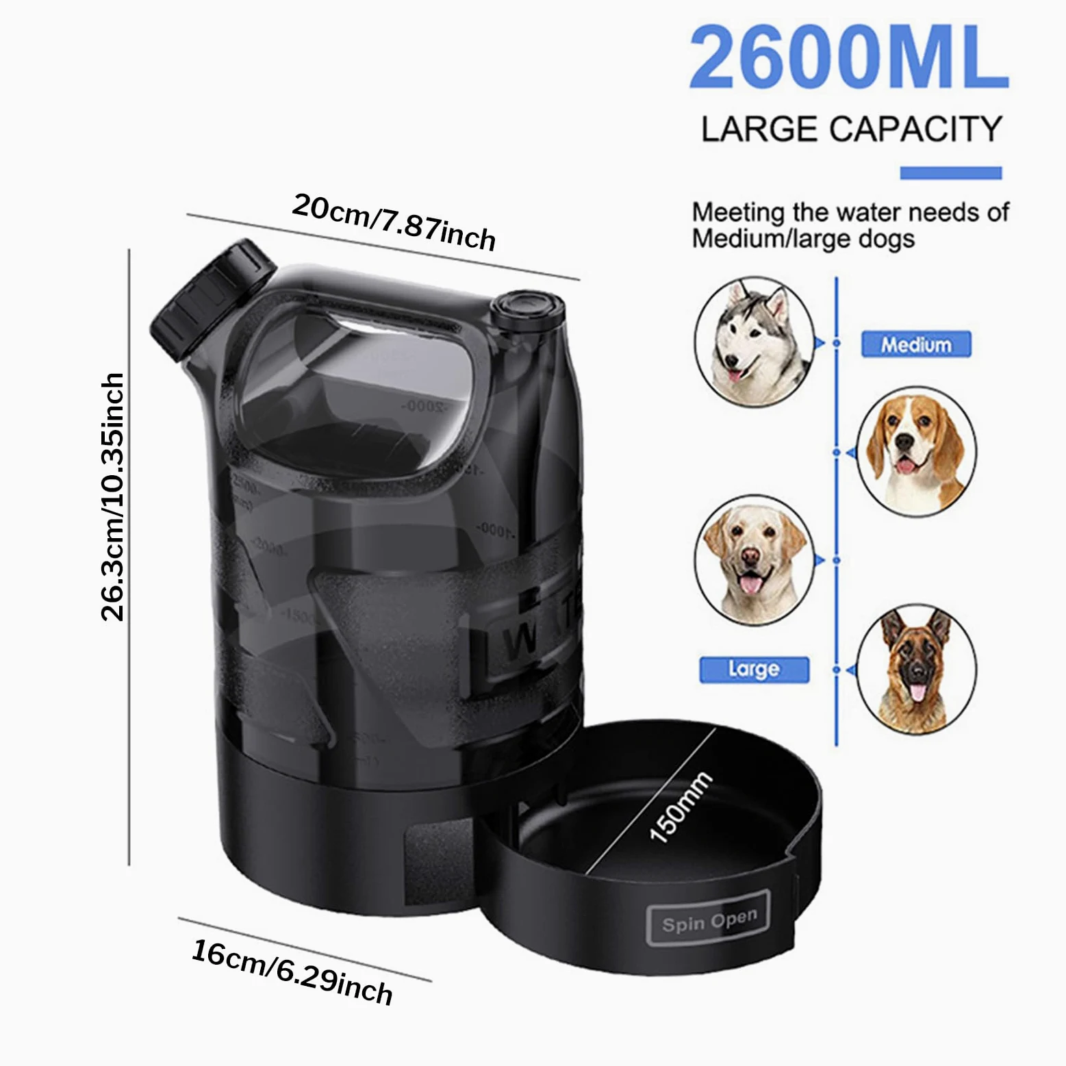 Bottiglia d'Acqua da Viaggio per Cani Dispenser per Bere con Capienza | Borraccia per Acqua da Esterno Escursioni Campeggio Viaggi Casa