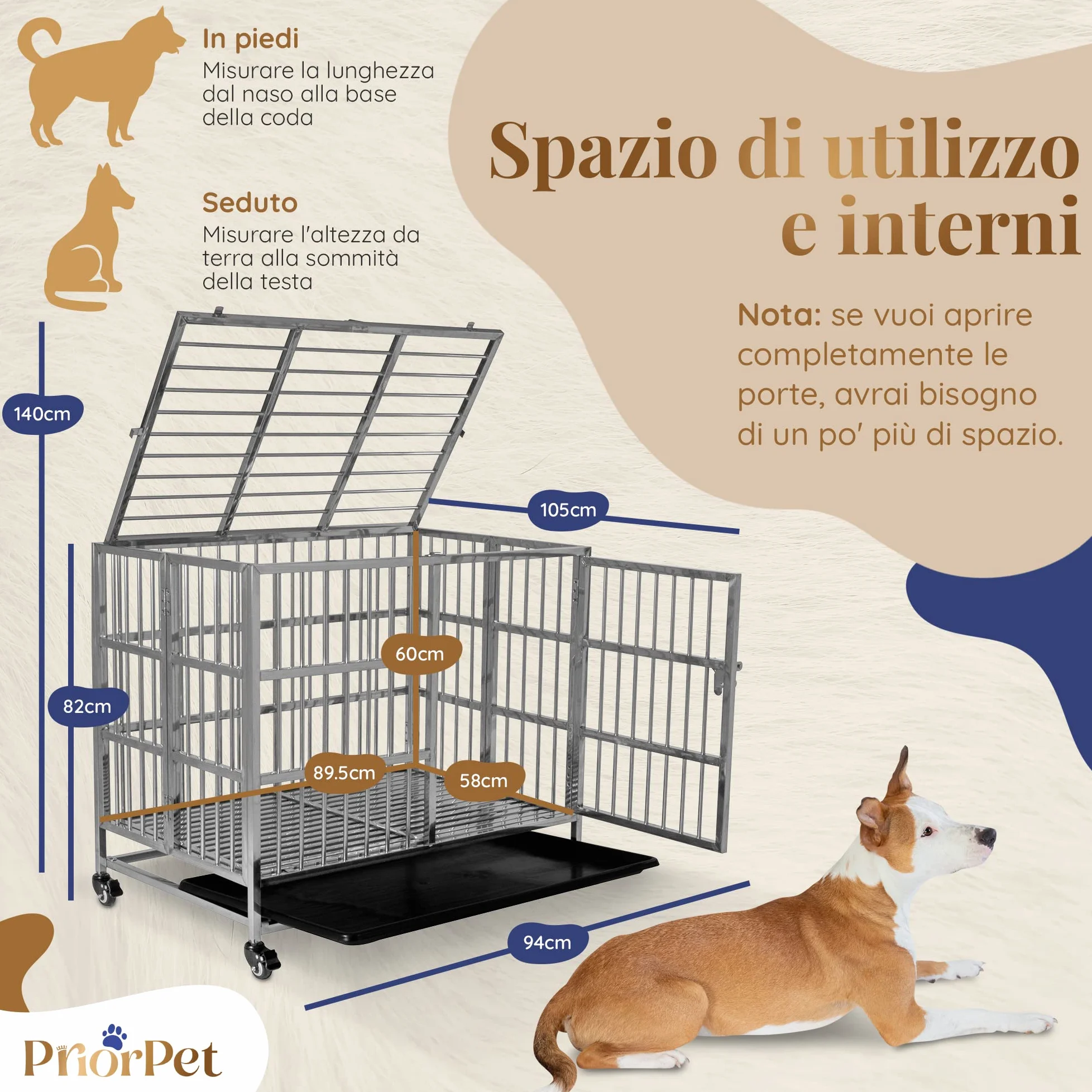 PRIORPET Solida Gabbia per Cani - Design Pieghevole e Facile da Montare per Un Agevole Trasporto - Doppia Serratura per Una Maggiore Sicurezza - Vassoio Rimovibile per Una Rapida Pulizia