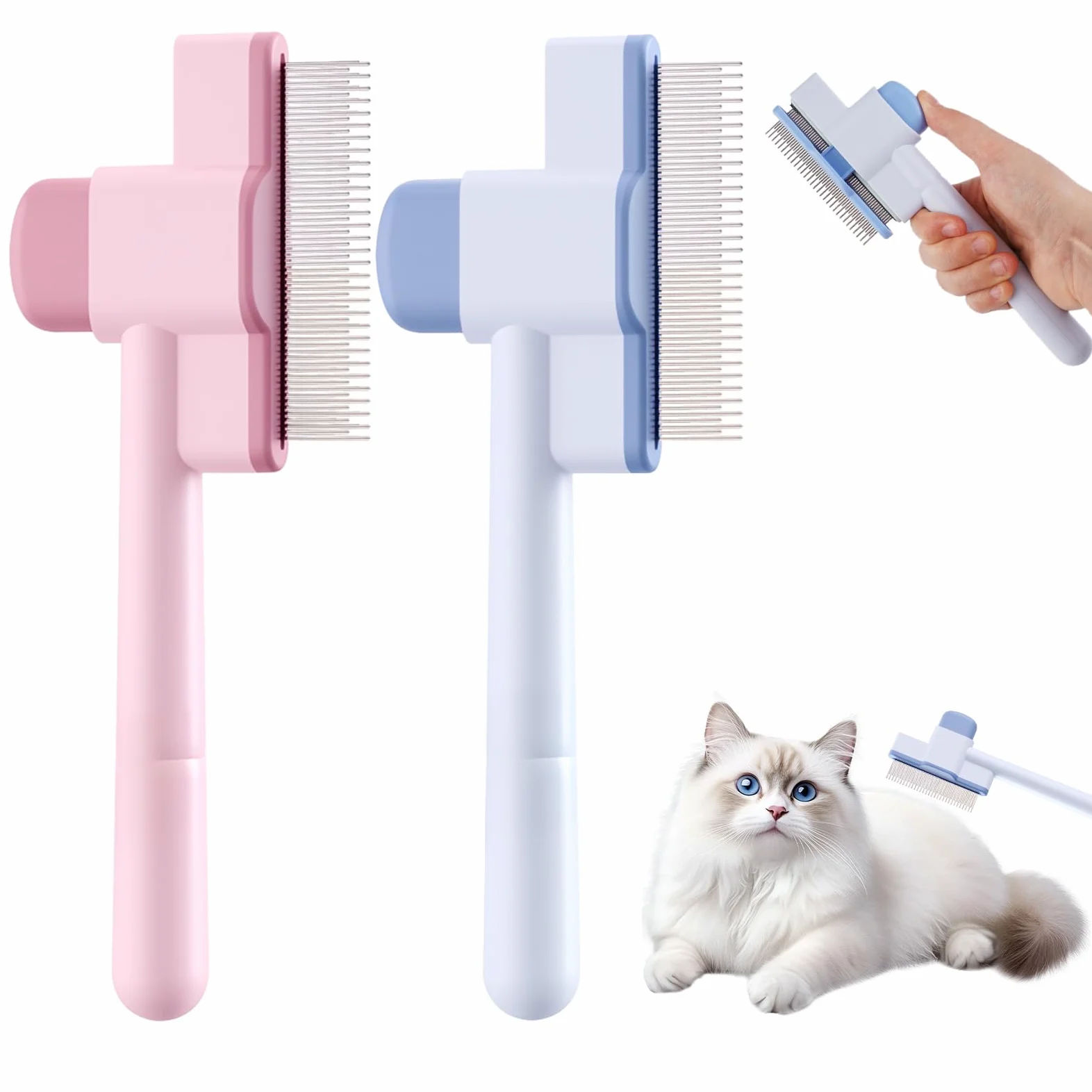 2 Pezzi Pettine da Toelettatura per Gatti Pettine per la Depilazione Degli, Pettini per Pulci Autopulente per Animali Somestici, Pettini per Gatti con Funzione Autopulente con Pulsante di Sblocco