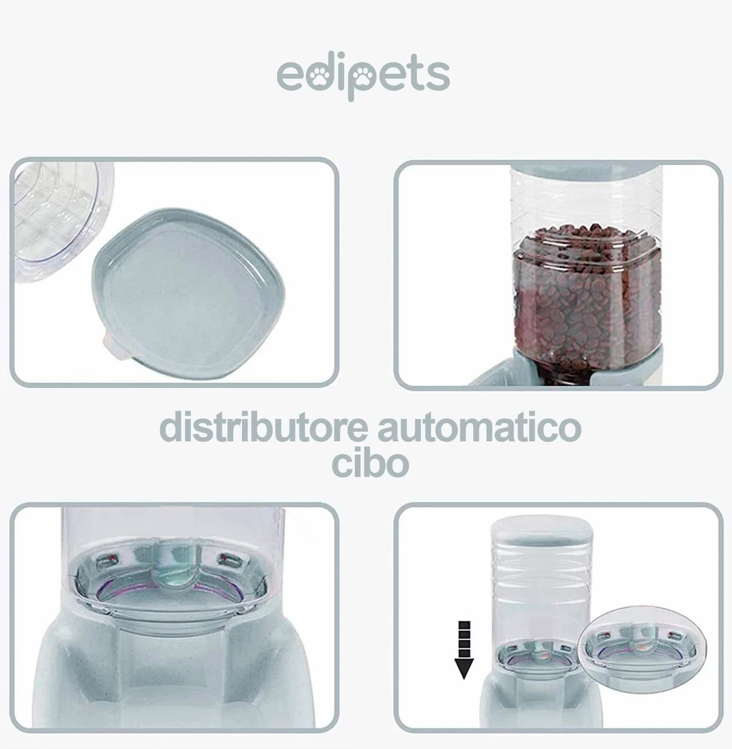 Edipets, Dispenser Cibo Gatti, Cani, Automatico, 2 Unità, 3.8L, Dispenser di Crocchette e Acqua per Animali Domestici (Grigio)