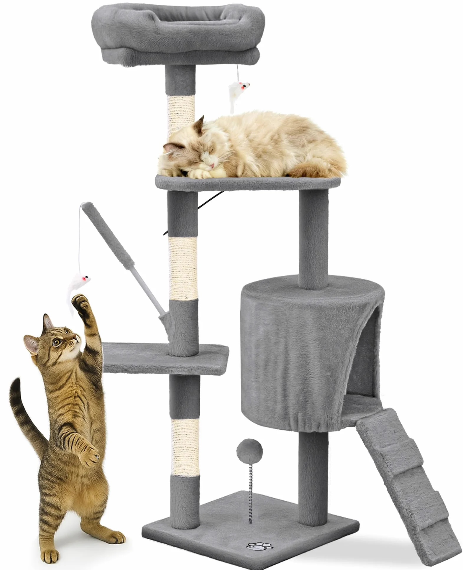 VOUNOT® Tiragraffi per Gatti Alto 112 cm, Albero per Gatti Multilivello, Centro Attività per Gatto con Pali Tiragraffi in Sisal, Cuccia, Piattaforme e Grotta, Grigio