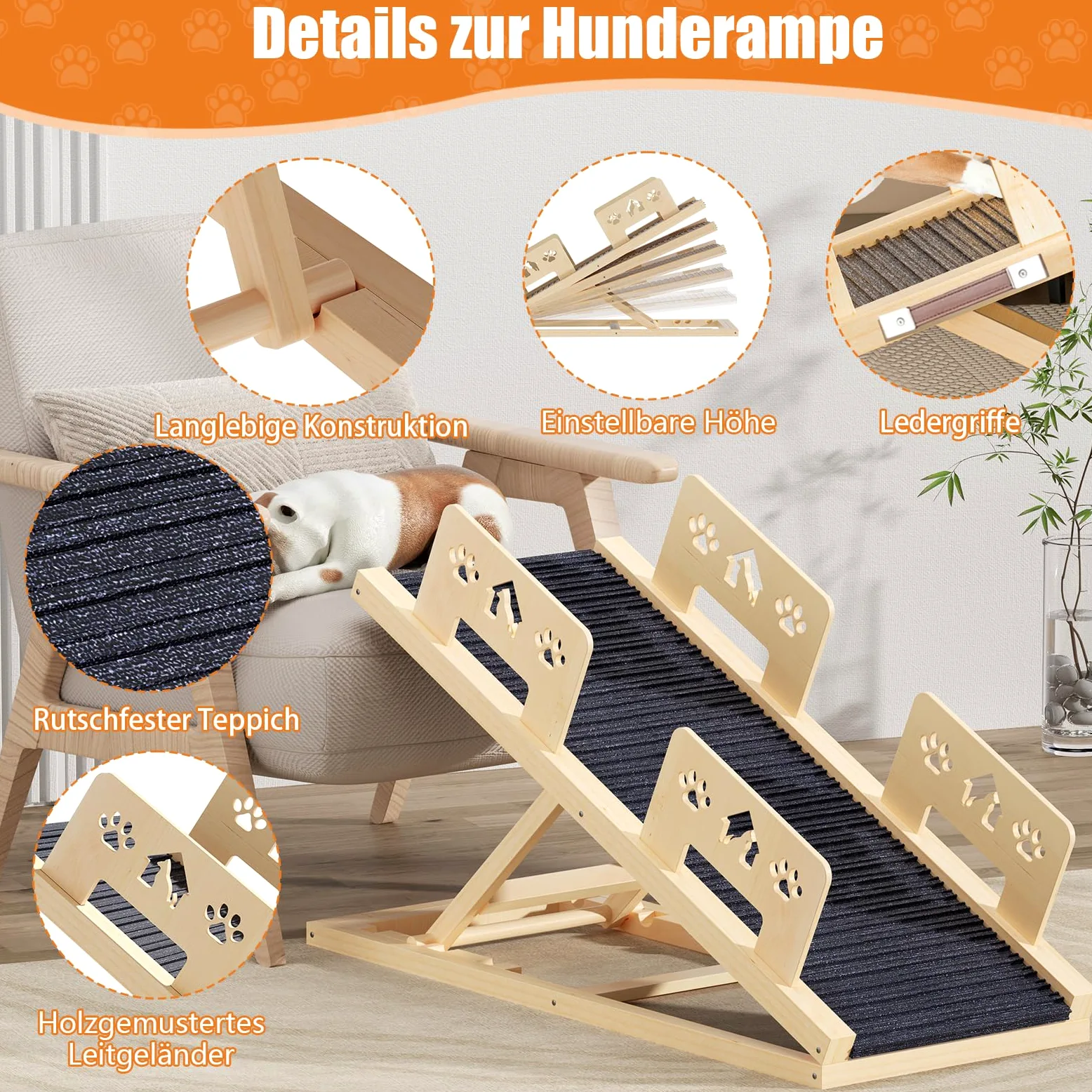 Rampa per cani da 100 cm, 4 livelli di altezza regolabile da 35 cm a 58 cm, rampa per cani in legno, pieghevole, per cani di taglia grande
