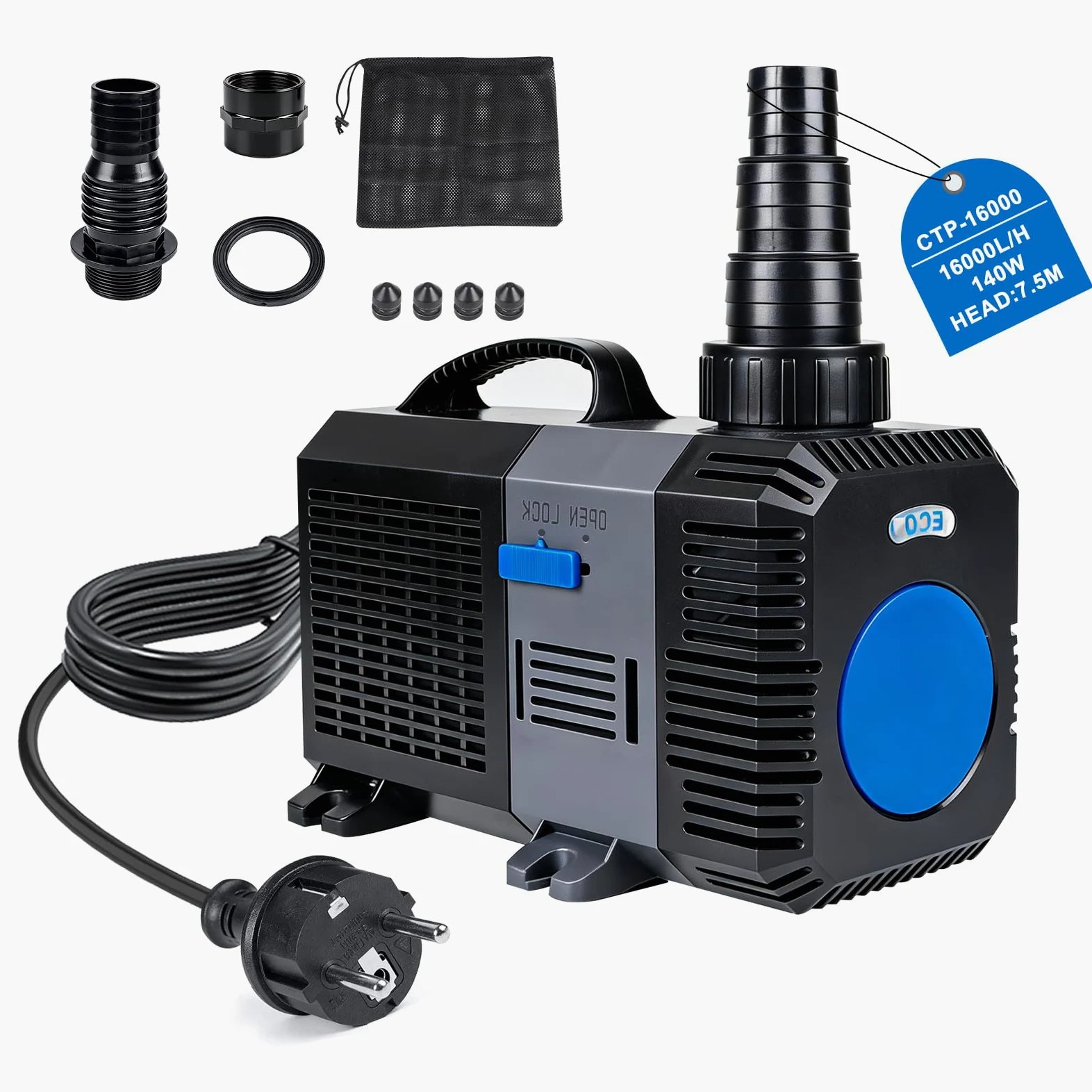 EXLECO Super Eco Pompa Acqua per Laghetto e Filtro 16000L/H 140W, Filtro a Risparmio Energetico Sommergibile Pompa per Flusso per Stagno Acquario laghetti Carpe Koi CTP-16000